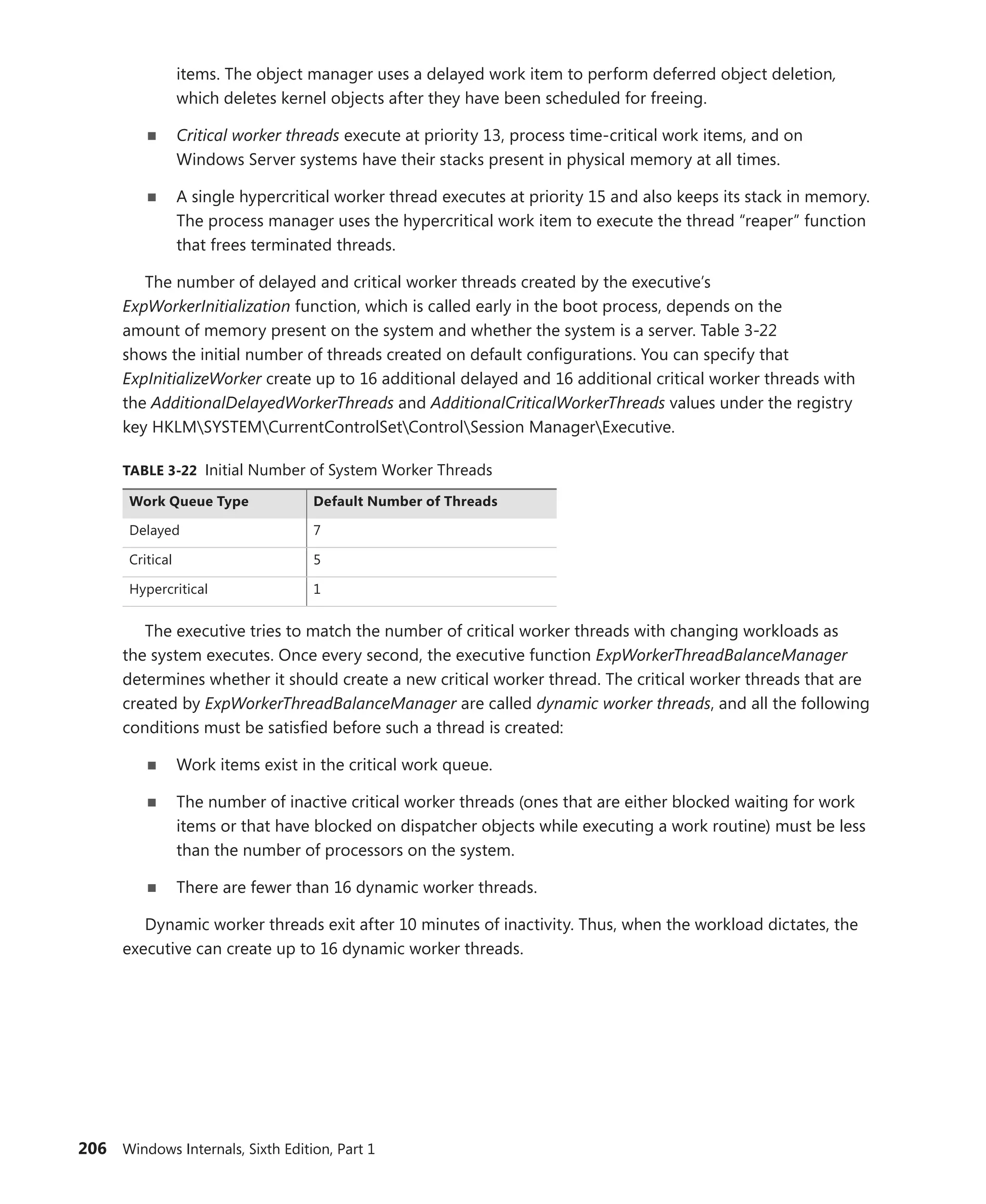 206 Windows Internals, Sixth Edition, Part 1
items. The object manager uses a delayed work item to perform deferred object deletion,
which deletes kernel objects after they have been scheduled for freeing.
■
■ Critical worker threads execute at priority 13, process time-critical work items, and on
­
Windows Server systems have their stacks present in physical memory at all times.
■
■ A single hypercritical worker thread executes at priority 15 and also keeps its stack in memory.
The process manager uses the hypercritical work item to execute the thread “reaper” function
that frees terminated threads.
The number of delayed and critical worker threads created by the executive’s
­
ExpWorkerInitialization function, which is called early in the boot process, depends on the
amount of memory present on the system and whether the system is a server. Table 3-22
shows the initial number of threads created on default configurations. You can specify that
­
ExpInitializeWorker create up to 16 additional delayed and 16 additional critical worker threads with
the ­
AdditionalDelayedWorkerThreads and AdditionalCriticalWorkerThreads values under the registry
key HKLMSYSTEMCurrentControlSetControlSession ManagerExecutive.
TABLE 3-22 Initial Number of System Worker Threads
Work Queue Type Default Number of Threads
Delayed 7
Critical 5
Hypercritical 1
The executive tries to match the number of critical worker threads with changing workloads as
the system executes. Once every second, the executive function ExpWorkerThreadBalanceManager
determines whether it should create a new critical worker thread. The critical worker threads that are
created by ExpWorkerThreadBalanceManager are called dynamic worker threads, and all the following
conditions must be satisfied before such a thread is created:
■
■ Work items exist in the critical work queue.
■
■ The number of inactive critical worker threads (ones that are either blocked waiting for work
items or that have blocked on dispatcher objects while executing a work routine) must be less
than the number of processors on the system.
■
■ There are fewer than 16 dynamic worker threads.
Dynamic worker threads exit after 10 minutes of inactivity. Thus, when the workload dictates, the
executive can create up to 16 dynamic worker threads.
 