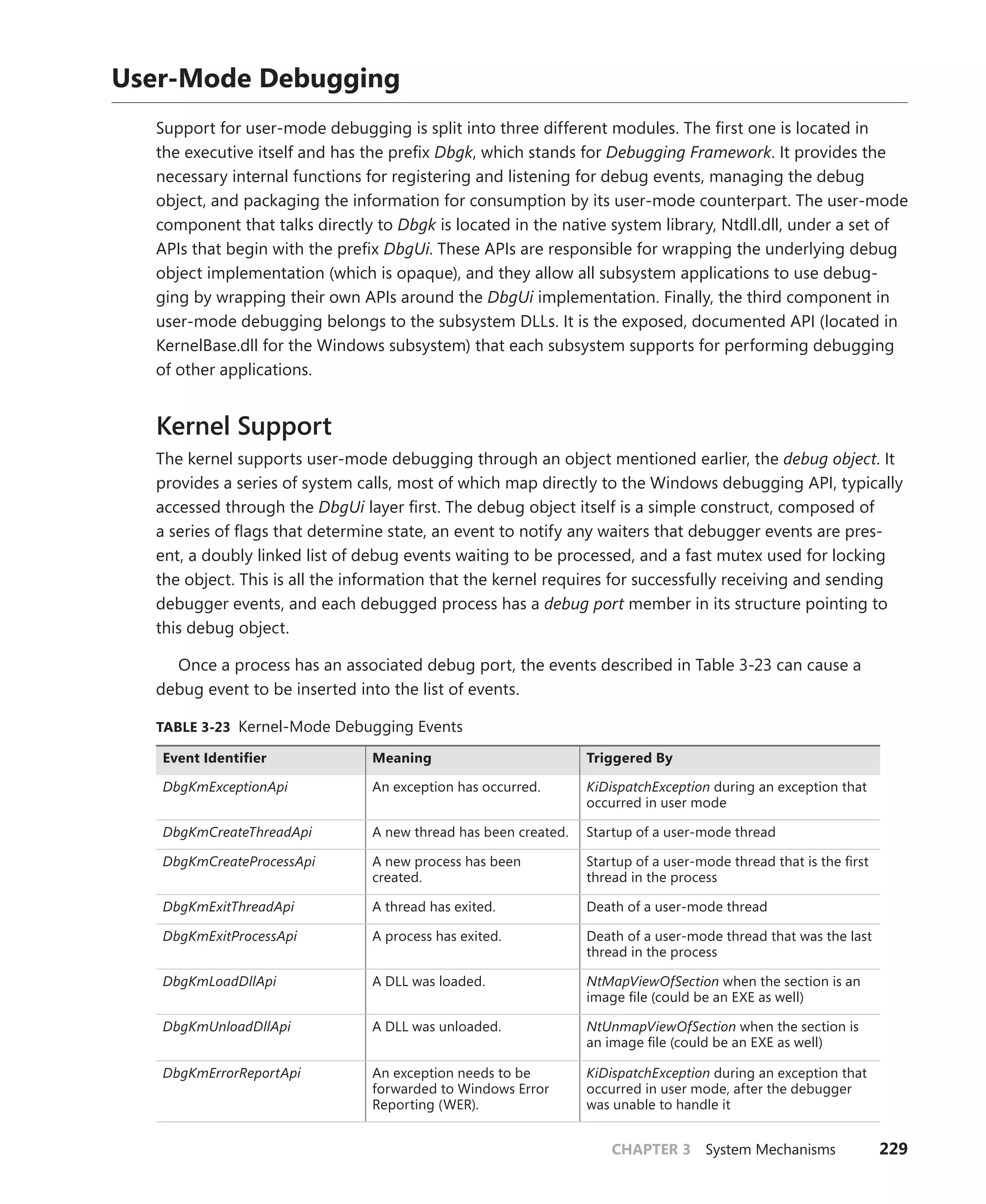 CHAPTER 3 System Mechanisms 229
User-Mode Debugging
Support for user-mode debugging is split into three different modules. The first one is located in
the executive itself and has the prefix Dbgk, which stands for Debugging Framework. It provides the
necessary internal functions for registering and listening for debug events, managing the debug
object, and packaging the information for consumption by its user-mode counterpart. The user-mode
component that talks directly to Dbgk is located in the native system library, Ntdll.dll, under a set of
APIs that begin with the prefix DbgUi. These APIs are responsible for wrapping the underlying debug
object implementation (which is opaque), and they allow all subsystem applications to use debug-
ging by wrapping their own APIs around the DbgUi implementation. Finally, the third component in
user-mode debugging belongs to the subsystem DLLs. It is the exposed, documented API (located in
KernelBase.dll for the Windows subsystem) that each subsystem supports for performing debugging
of other applications.
Kernel Support
The kernel supports user-mode debugging through an object mentioned earlier, the debug object. It
provides a series of system calls, most of which map directly to the Windows debugging API, typically
accessed through the DbgUi layer first. The debug object itself is a simple construct, composed of
a series of flags that determine state, an event to notify any waiters that debugger events are pres-
ent, a doubly linked list of debug events waiting to be processed, and a fast mutex used for locking
the object. This is all the information that the kernel requires for successfully receiving and sending
debugger events, and each debugged process has a debug port member in its structure pointing to
this debug object.
Once a process has an associated debug port, the events described in Table 3-23 can cause a
­
debug event to be inserted into the list of events.
TABLE 3-23 Kernel-Mode Debugging Events
Event Identifier Meaning Triggered By
DbgKmExceptionApi An exception has occurred. KiDispatchException during an exception that
occurred in user mode
DbgKmCreateThreadApi A new thread has been created. Startup of a user-mode thread
DbgKmCreateProcessApi A new process has been
­created.
Startup of a user-mode thread that is the first
thread in the process
DbgKmExitThreadApi A thread has exited. Death of a user-mode thread
DbgKmExitProcessApi A process has exited. Death of a user-mode thread that was the last
thread in the process
DbgKmLoadDllApi A DLL was loaded. NtMapViewOfSection when the section is an
image file (could be an EXE as well)
DbgKmUnloadDllApi A DLL was unloaded. NtUnmapViewOfSection when the section is
an image file (could be an EXE as well)
DbgKmErrorReportApi An exception needs to be
forwarded to Windows Error
Reporting (WER).
KiDispatchException during an exception that
occurred in user mode, after the debugger
was unable to handle it
 