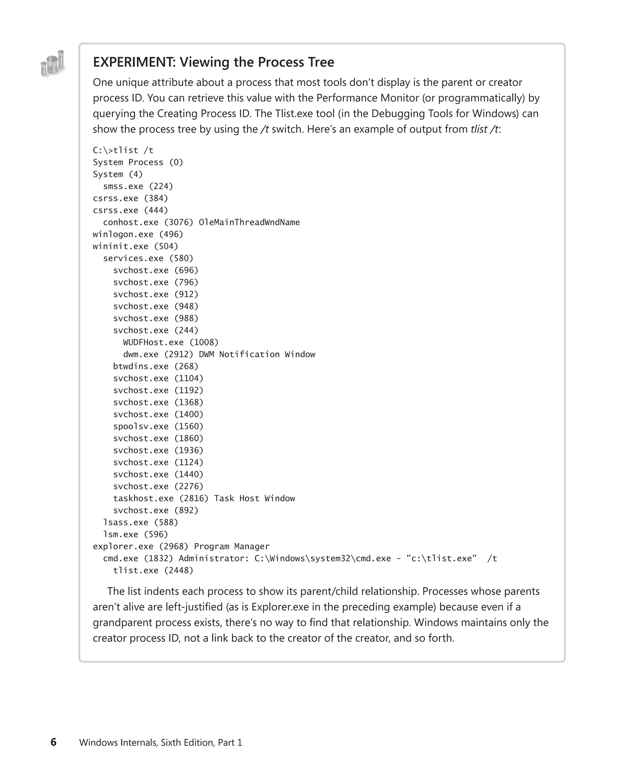 6 Windows Internals, Sixth Edition, Part 1
EXPERIMENT: Viewing the Process Tree
One unique attribute about a process that most tools don’t display is the parent or creator
process ID. You can retrieve this value with the Performance Monitor (or programmatically) by
querying the Creating Process ID. The Tlist.exe tool (in the Debugging Tools for Windows) can
show the process tree by using the /t switch. Here’s an example of output from tlist /t:
C:>tlist /t
System Process (0)
System (4)
smss.exe (224)
csrss.exe (384)
csrss.exe (444)
conhost.exe (3076) OleMainThreadWndName
winlogon.exe (496)
wininit.exe (504)
services.exe (580)
svchost.exe (696)
svchost.exe (796)
svchost.exe (912)
svchost.exe (948)
svchost.exe (988)
svchost.exe (244)
WUDFHost.exe (1008)
dwm.exe (2912) DWM Notification Window
btwdins.exe (268)
svchost.exe (1104)
svchost.exe (1192)
svchost.exe (1368)
svchost.exe (1400)
spoolsv.exe (1560)
svchost.exe (1860)
svchost.exe (1936)
svchost.exe (1124)
svchost.exe (1440)
svchost.exe (2276)
taskhost.exe (2816) Task Host Window
svchost.exe (892)
lsass.exe (588)
lsm.exe (596)
explorer.exe (2968) Program Manager
cmd.exe (1832) Administrator: C:Windowssystem32cmd.exe - "c:tlist.exe" /t
tlist.exe (2448)
The list indents each process to show its parent/child relationship. Processes whose parents
aren’t alive are left-justified (as is Explorer.exe in the preceding example) because even if a
grandparent process exists, there’s no way to find that relationship. Windows maintains only the
creator process ID, not a link back to the creator of the creator, and so forth.
 