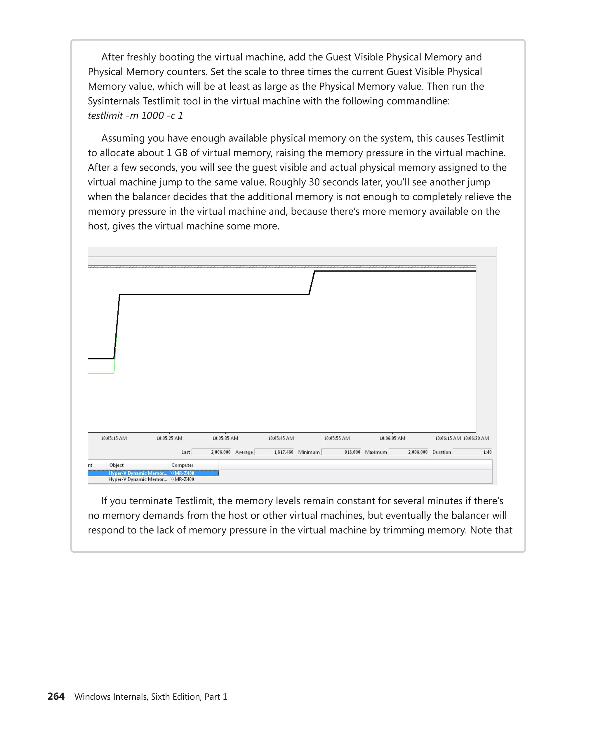 264 Windows Internals, Sixth Edition, Part 1
After freshly booting the virtual machine, add the Guest Visible Physical Memory and
­
Physical Memory counters. Set the scale to three times the current Guest Visible Physical
­
Memory value, which will be at least as large as the Physical Memory value. Then run the
­
Sysinternals Testlimit tool in the virtual machine with the following commandline:
testlimit -m 1000 -c 1
Assuming you have enough available physical memory on the system, this causes Testlimit
to allocate about 1 GB of virtual memory, raising the memory pressure in the virtual machine.
After a few seconds, you will see the guest visible and actual physical memory assigned to the
virtual machine jump to the same value. Roughly 30 seconds later, you’ll see another jump
when the balancer decides that the additional memory is not enough to completely relieve the
memory pressure in the virtual machine and, because there’s more memory available on the
host, gives the virtual machine some more.
If you terminate Testlimit, the memory levels remain constant for several minutes if there’s
no memory demands from the host or other virtual machines, but eventually the balancer will
respond to the lack of memory pressure in the virtual machine by trimming memory. Note that
 