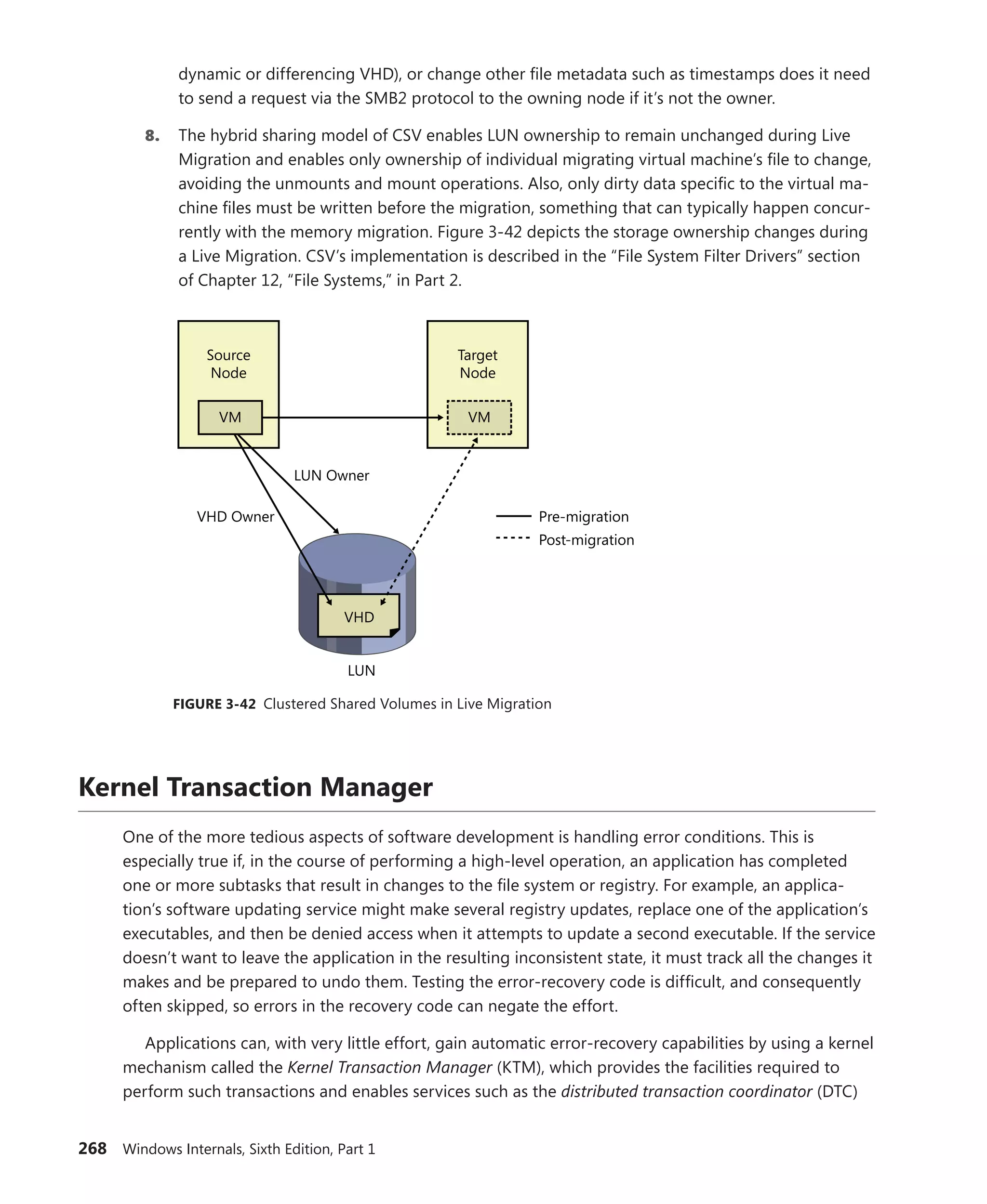 268 Windows Internals, Sixth Edition, Part 1
dynamic or differencing VHD), or change other file metadata such as timestamps does it need
to send a request via the SMB2 protocol to the owning node if it’s not the owner.
8. The hybrid sharing model of CSV enables LUN ownership to remain unchanged during Live
Migration and enables only ownership of individual migrating virtual machine’s file to change,
avoiding the unmounts and mount operations. Also, only dirty data specific to the virtual ma-
chine files must be written before the migration, something that can typically happen concur-
rently with the memory migration. Figure 3-42 depicts the storage ownership changes during
a Live Migration. CSV’s implementation is described in the “File System Filter Drivers” section
of Chapter 12, “File Systems,” in Part 2.
VHD
Source
Node
VM
Target
Node
VM
LUN
LUN Owner
VHD Owner Pre-migration
Post-migration
FIGURE 3-42 Clustered Shared Volumes in Live Migration
Kernel Transaction Manager
One of the more tedious aspects of software development is handling error conditions. This is
­
especially true if, in the course of performing a high-level operation, an application has completed
one or more subtasks that result in changes to the file system or registry. For example, an applica-
tion’s software updating service might make several registry updates, replace one of the application’s
executables, and then be denied access when it attempts to update a second executable. If the service
doesn’t want to leave the application in the resulting inconsistent state, it must track all the changes it
makes and be prepared to undo them. Testing the error-recovery code is difficult, and consequently
often skipped, so errors in the recovery code can negate the effort.
Applications can, with very little effort, gain automatic error-recovery capabilities by using a kernel
mechanism called the Kernel Transaction Manager (KTM), which provides the facilities required to
perform such transactions and enables services such as the distributed transaction coordinator (DTC)
 