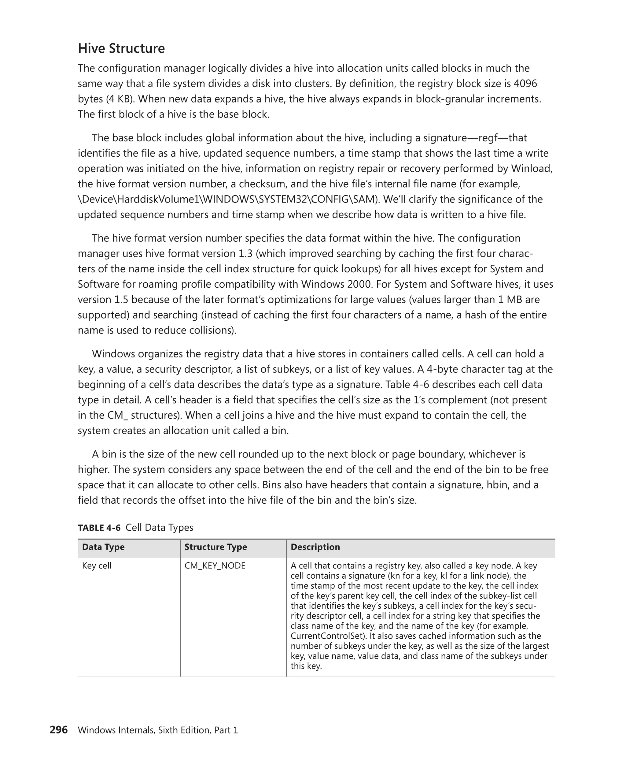 296 Windows Internals, Sixth Edition, Part 1
Hive Structure
The configuration manager logically divides a hive into allocation units called blocks in much the
same way that a file system divides a disk into clusters. By definition, the registry block size is 4096
bytes (4 KB). When new data expands a hive, the hive always expands in block-granular increments.
The first block of a hive is the base block.
The base block includes global information about the hive, including a signature—regf—that
identifies the file as a hive, updated sequence numbers, a time stamp that shows the last time a write
operation was initiated on the hive, information on registry repair or recovery performed by ­
Winload,
the hive format version number, a checksum, and the hive file’s internal file name (for example,
DeviceHarddiskVolume1WINDOWSSYSTEM32CONFIGSAM). We’ll clarify the significance of the
updated sequence numbers and time stamp when we describe how data is written to a hive file.
The hive format version number specifies the data format within the hive. The configuration
manager uses hive format version 1.3 (which improved searching by caching the first four charac-
ters of the name inside the cell index structure for quick lookups) for all hives except for System and
Software for roaming profile compatibility with Windows 2000. For System and Software hives, it uses
version 1.5 because of the later format’s optimizations for large values (values larger than 1 MB are
supported) and searching (instead of caching the first four characters of a name, a hash of the entire
name is used to reduce collisions).
Windows organizes the registry data that a hive stores in containers called cells. A cell can hold a
key, a value, a security descriptor, a list of subkeys, or a list of key values. A 4-byte character tag at the
beginning of a cell’s data describes the data’s type as a signature. Table 4-6 describes each cell data
type in detail. A cell’s header is a field that specifies the cell’s size as the 1’s complement (not ­
present
in the CM_ structures). When a cell joins a hive and the hive must expand to contain the cell, the
­
system creates an allocation unit called a bin.
A bin is the size of the new cell rounded up to the next block or page boundary, whichever is
higher. The system considers any space between the end of the cell and the end of the bin to be free
space that it can allocate to other cells. Bins also have headers that contain a signature, hbin, and a
field that records the offset into the hive file of the bin and the bin’s size.
TABLE 4-6 Cell Data Types
Data Type Structure Type Description
Key cell CM_KEY_NODE A cell that contains a registry key, also called a key node. A key
cell contains a signature (kn for a key, kl for a link node), the
time stamp of the most recent update to the key, the cell index
of the key’s parent key cell, the cell index of the subkey-list cell
that identifies the key’s subkeys, a cell index for the key’s secu-
rity descriptor cell, a cell index for a string key that specifies the
class name of the key, and the name of the key (for example,
CurrentControlSet). It also saves cached information such as the
number of subkeys under the key, as well as the size of the largest
key, value name, value data, and class name of the subkeys under
this key.
 