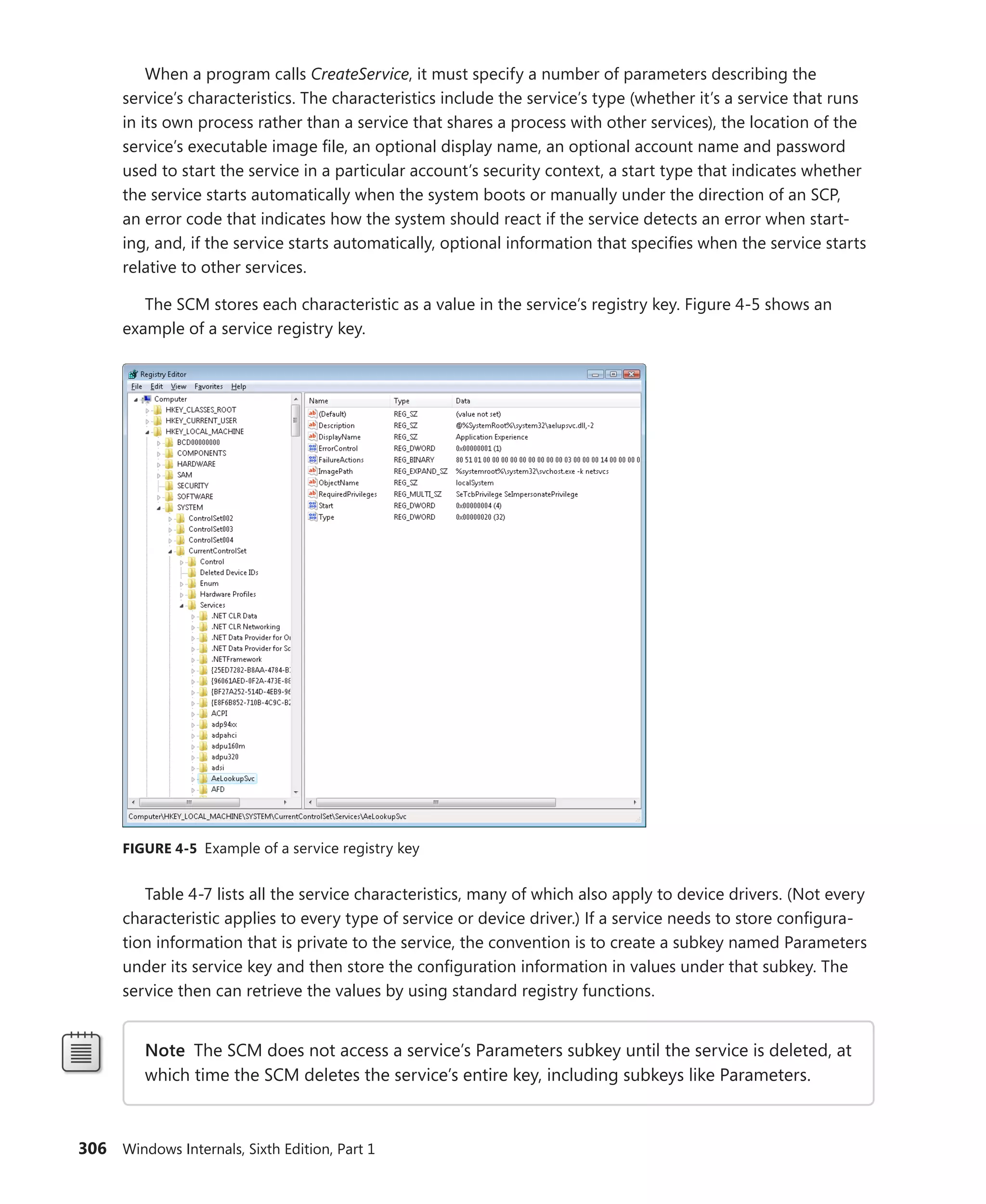 306 Windows Internals, Sixth Edition, Part 1
When a program calls CreateService, it must specify a number of parameters describing the
service’s characteristics. The characteristics include the service’s type (whether it’s a service that runs
in its own process rather than a service that shares a process with other services), the location of the
service’s executable image file, an optional display name, an optional account name and password
used to start the service in a particular account’s security context, a start type that indicates whether
the service starts automatically when the system boots or manually under the direction of an SCP,
an error code that indicates how the system should react if the service detects an error when start-
ing, and, if the service starts automatically, optional information that specifies when the service starts
­
relative to other services.
The SCM stores each characteristic as a value in the service’s registry key. Figure 4-5 shows an
example of a service registry key.
FIGURE 4-5 Example of a service registry key
Table 4-7 lists all the service characteristics, many of which also apply to device drivers. (Not every
characteristic applies to every type of service or device driver.) If a service needs to store configura-
tion information that is private to the service, the convention is to create a subkey named Parameters
under its service key and then store the configuration information in values under that subkey. The
service then can retrieve the values by using standard registry functions.
Note The SCM does not access a service’s Parameters subkey until the service is deleted, at
which time the SCM deletes the service’s entire key, including subkeys like Parameters.
 