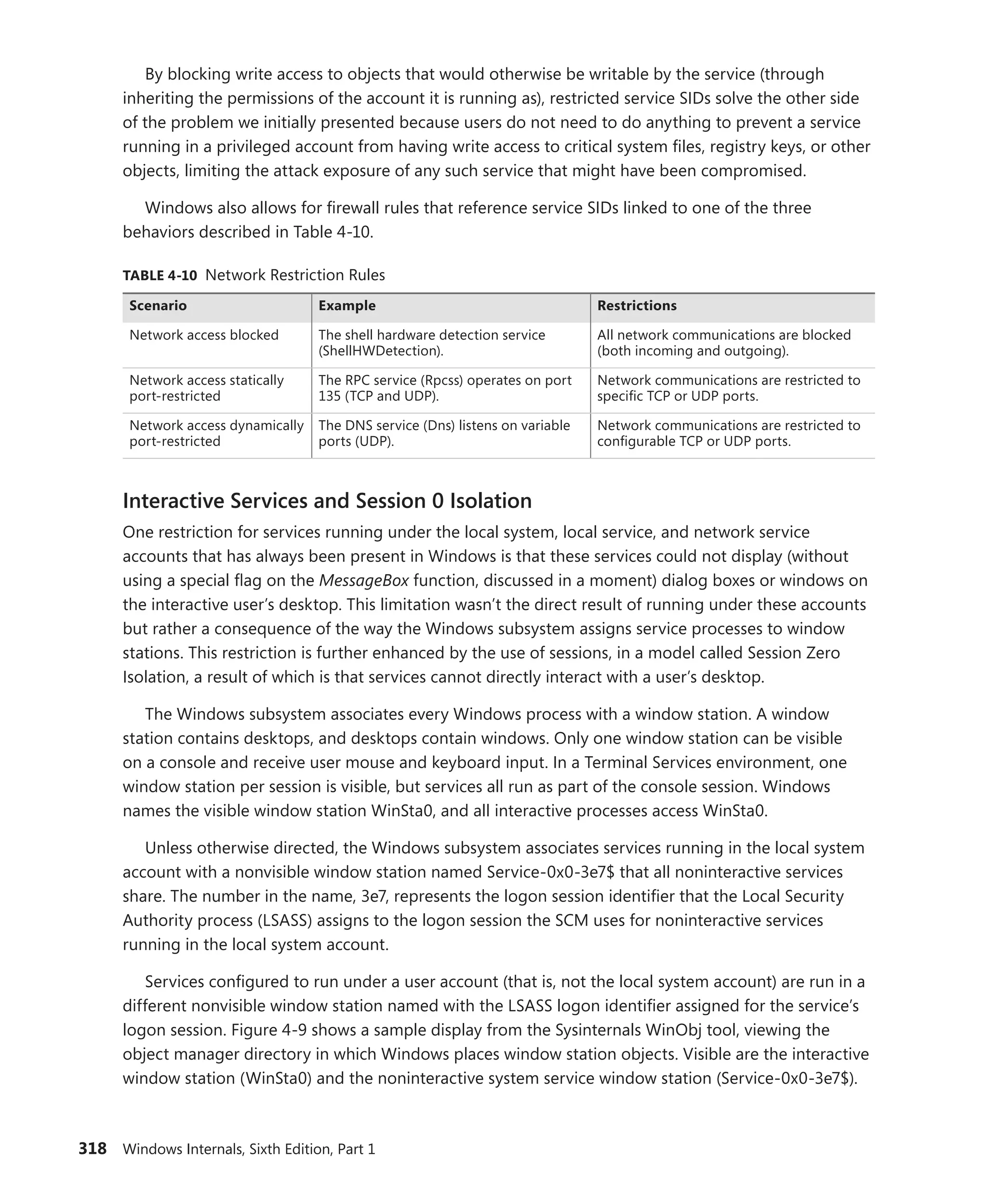 318 Windows Internals, Sixth Edition, Part 1
By blocking write access to objects that would otherwise be writable by the service (through
­
inheriting the permissions of the account it is running as), restricted service SIDs solve the other side
of the problem we initially presented because users do not need to do anything to prevent a service
running in a privileged account from having write access to critical system files, registry keys, or other
objects, limiting the attack exposure of any such service that might have been compromised.
Windows also allows for firewall rules that reference service SIDs linked to one of the three
­
behaviors described in Table 4-10.
TABLE 4-10 Network Restriction Rules
Scenario Example Restrictions
Network access blocked The shell hardware detection service
(ShellHWDetection).
All network communications are blocked
(both incoming and outgoing).
Network access statically
port-restricted
The RPC service (Rpcss) operates on port
135 (TCP and UDP).
Network communications are restricted to
specific TCP or UDP ports.
Network access dynamically
port-restricted
The DNS service (Dns) listens on variable
ports (UDP).
Network communications are restricted to
configurable TCP or UDP ports.
Interactive Services and Session 0 Isolation
One restriction for services running under the local system, local service, and network service
­
accounts that has always been present in Windows is that these services could not display (without
using a special flag on the MessageBox function, discussed in a moment) dialog boxes or windows on
the interactive user’s desktop. This limitation wasn’t the direct result of running under these accounts
but rather a consequence of the way the Windows subsystem assigns service processes to window
stations. This restriction is further enhanced by the use of sessions, in a model called Session Zero
Isolation, a result of which is that services cannot directly interact with a user’s desktop.
The Windows subsystem associates every Windows process with a window station. A window
­
station contains desktops, and desktops contain windows. Only one window station can be visible
on a console and receive user mouse and keyboard input. In a Terminal Services environment, one
­
window station per session is visible, but services all run as part of the console session. Windows
names the visible window station WinSta0, and all interactive processes access WinSta0.
Unless otherwise directed, the Windows subsystem associates services running in the local system
account with a nonvisible window station named Service-0x0-3e7$ that all noninteractive services
share. The number in the name, 3e7, represents the logon session identifier that the Local Security
­
Authority process (LSASS) assigns to the logon session the SCM uses for noninteractive services
­
running in the local system account.
Services configured to run under a user account (that is, not the local system account) are run in a
different nonvisible window station named with the LSASS logon identifier assigned for the service’s
logon session. Figure 4-9 shows a sample display from the Sysinternals WinObj tool, viewing the
object manager directory in which Windows places window station objects. Visible are the interactive
window station (WinSta0) and the noninteractive system service window station (Service-0x0-3e7$).
 