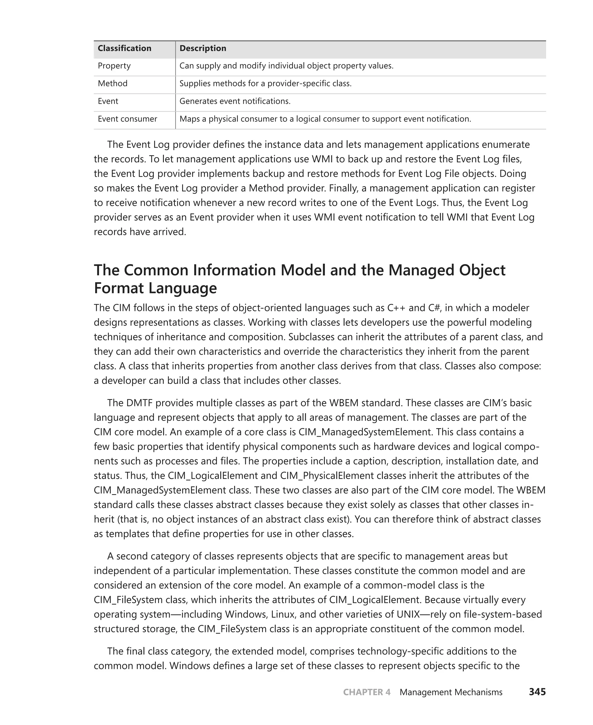CHAPTER 4 Management Mechanisms 345
Classification Description
Property Can supply and modify individual object property values.
Method Supplies methods for a provider-specific class.
Event Generates event notifications.
Event consumer Maps a physical consumer to a logical consumer to support event notification.
The Event Log provider defines the instance data and lets management applications enumerate
the records. To let management applications use WMI to back up and restore the Event Log files,
the Event Log provider implements backup and restore methods for Event Log File objects. Doing
so makes the Event Log provider a Method provider. Finally, a management application can register
to receive notification whenever a new record writes to one of the Event Logs. Thus, the Event Log
provider serves as an Event provider when it uses WMI event notification to tell WMI that Event Log
records have arrived.
The Common Information Model and the Managed Object
Format Language
The CIM follows in the steps of object-oriented languages such as C++ and C#, in which a modeler
designs representations as classes. Working with classes lets developers use the powerful modeling
techniques of inheritance and composition. Subclasses can inherit the attributes of a parent class, and
they can add their own characteristics and override the characteristics they inherit from the parent
class. A class that inherits properties from another class derives from that class. Classes also compose:
a developer can build a class that includes other classes.
The DMTF provides multiple classes as part of the WBEM standard. These classes are CIM’s basic
language and represent objects that apply to all areas of management. The classes are part of the
CIM core model. An example of a core class is CIM_ManagedSystemElement. This class contains a
few basic properties that identify physical components such as hardware devices and logical compo-
nents such as processes and files. The properties include a caption, description, installation date, and
status. Thus, the CIM_LogicalElement and CIM_PhysicalElement classes inherit the attributes of the
CIM_ManagedSystemElement class. These two classes are also part of the CIM core model. The WBEM
standard calls these classes abstract classes because they exist solely as classes that other classes in-
herit (that is, no object instances of an abstract class exist). You can therefore think of abstract classes
as templates that define properties for use in other classes.
A second category of classes represents objects that are specific to management areas but
­
independent of a particular implementation. These classes constitute the common model and are
considered an extension of the core model. An example of a common-model class is the
CIM_­
FileSystem class, which inherits the attributes of CIM_LogicalElement. Because virtually every
operating system—including Windows, Linux, and other varieties of UNIX—rely on file-system-based
structured storage, the CIM_FileSystem class is an appropriate constituent of the common model.
The final class category, the extended model, comprises technology-specific additions to the
­
common model. Windows defines a large set of these classes to represent objects specific to the
 