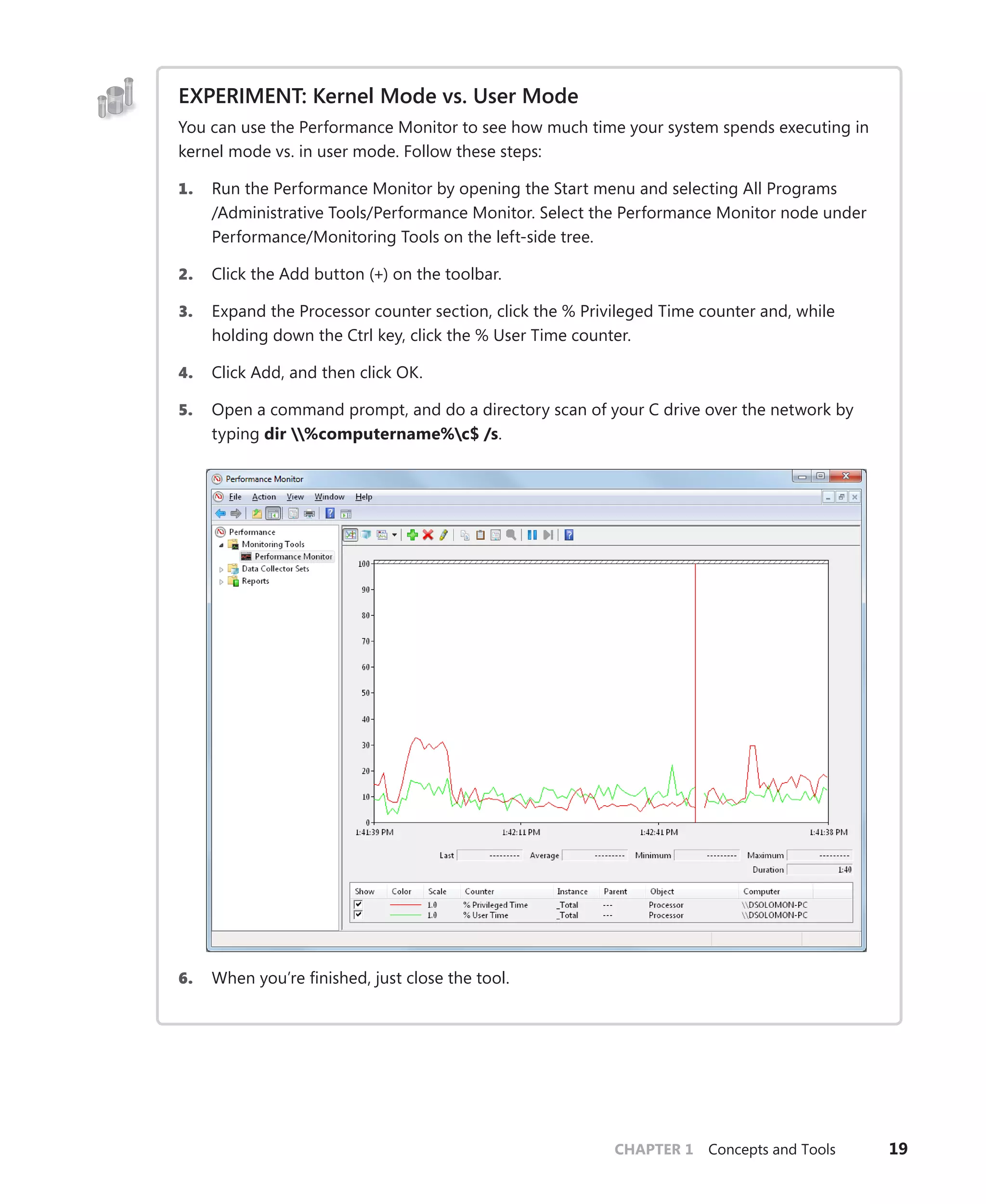 CHAPTER 1 Concepts and Tools 19
EXPERIMENT: Kernel Mode vs. User Mode
You can use the Performance Monitor to see how much time your system spends executing in
kernel mode vs. in user mode. Follow these steps:
1. Run the Performance Monitor by opening the Start menu and selecting All Programs
/Administrative Tools/Performance Monitor. Select the Performance Monitor node under
Performance/Monitoring Tools on the left-side tree.
2. Click the Add button (+) on the toolbar.
3. Expand the Processor counter section, click the % Privileged Time counter and, while
­
holding down the Ctrl key, click the % User Time counter.
4. Click Add, and then click OK.
5. Open a command prompt, and do a directory scan of your C drive over the network by
­typing dir %computername%c$ /s.
6. When you’re finished, just close the tool.
 