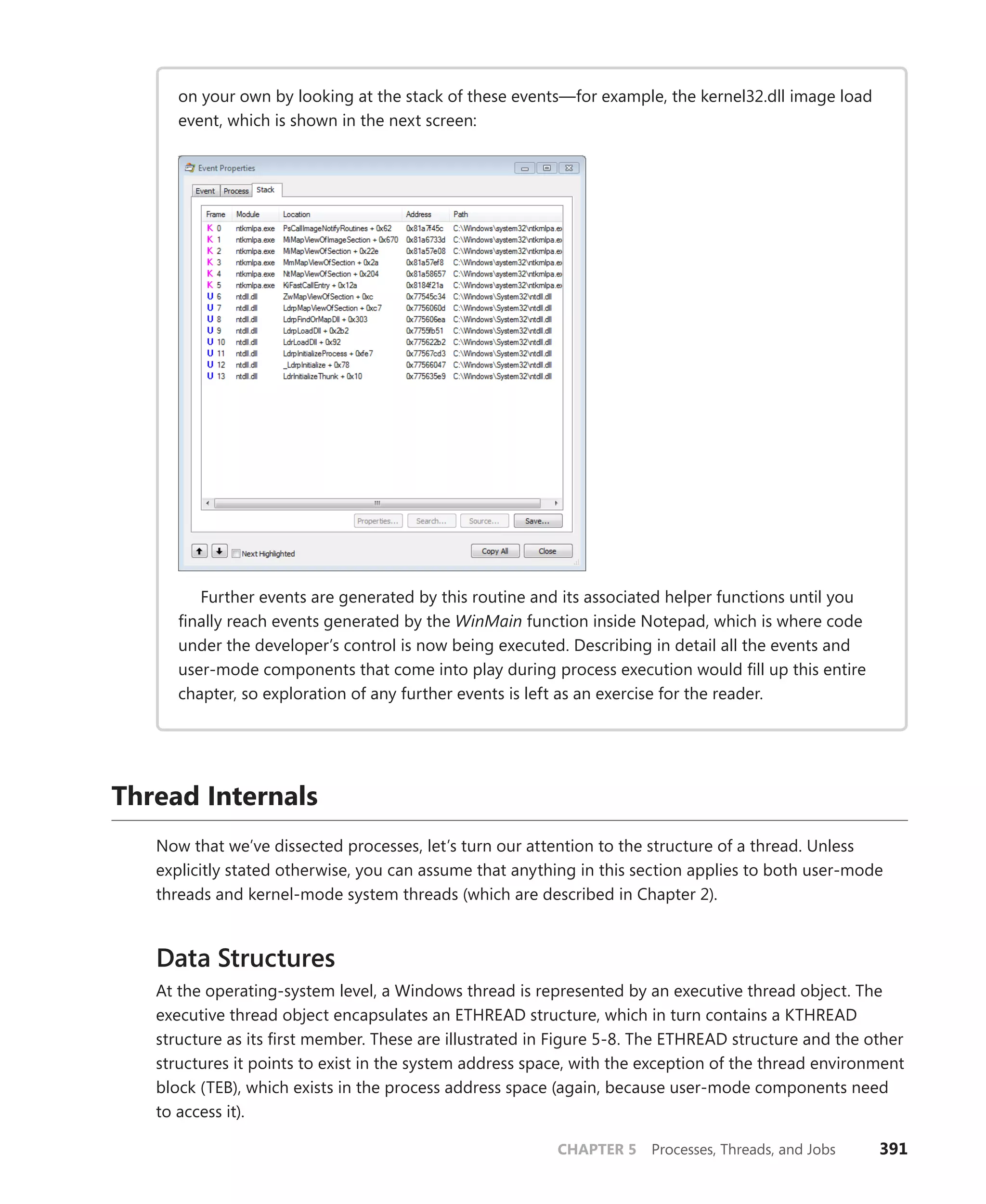 CHAPTER 5 Processes, Threads, and Jobs 391
on your own by looking at the stack of these events—for example, the kernel32.dll image load
event, which is shown in the next screen:
Further events are generated by this routine and its associated helper functions until you
finally reach events generated by the WinMain function inside Notepad, which is where code
under the developer’s control is now being executed. Describing in detail all the events and
user-mode components that come into play during process execution would fill up this entire
chapter, so exploration of any further events is left as an exercise for the reader.
Thread Internals
Now that we’ve dissected processes, let’s turn our attention to the structure of a thread. Unless
­
explicitly stated otherwise, you can assume that anything in this section applies to both user-mode
threads and kernel-mode system threads (which are described in Chapter 2).
Data Structures
At the operating-system level, a Windows thread is represented by an executive thread object. The
executive thread object encapsulates an ETHREAD structure, which in turn contains a KTHREAD
structure as its first member. These are illustrated in Figure 5-8. The ETHREAD structure and the other
structures it points to exist in the system address space, with the exception of the thread environment
block (TEB), which exists in the process address space (again, because user-mode components need
to access it).
 