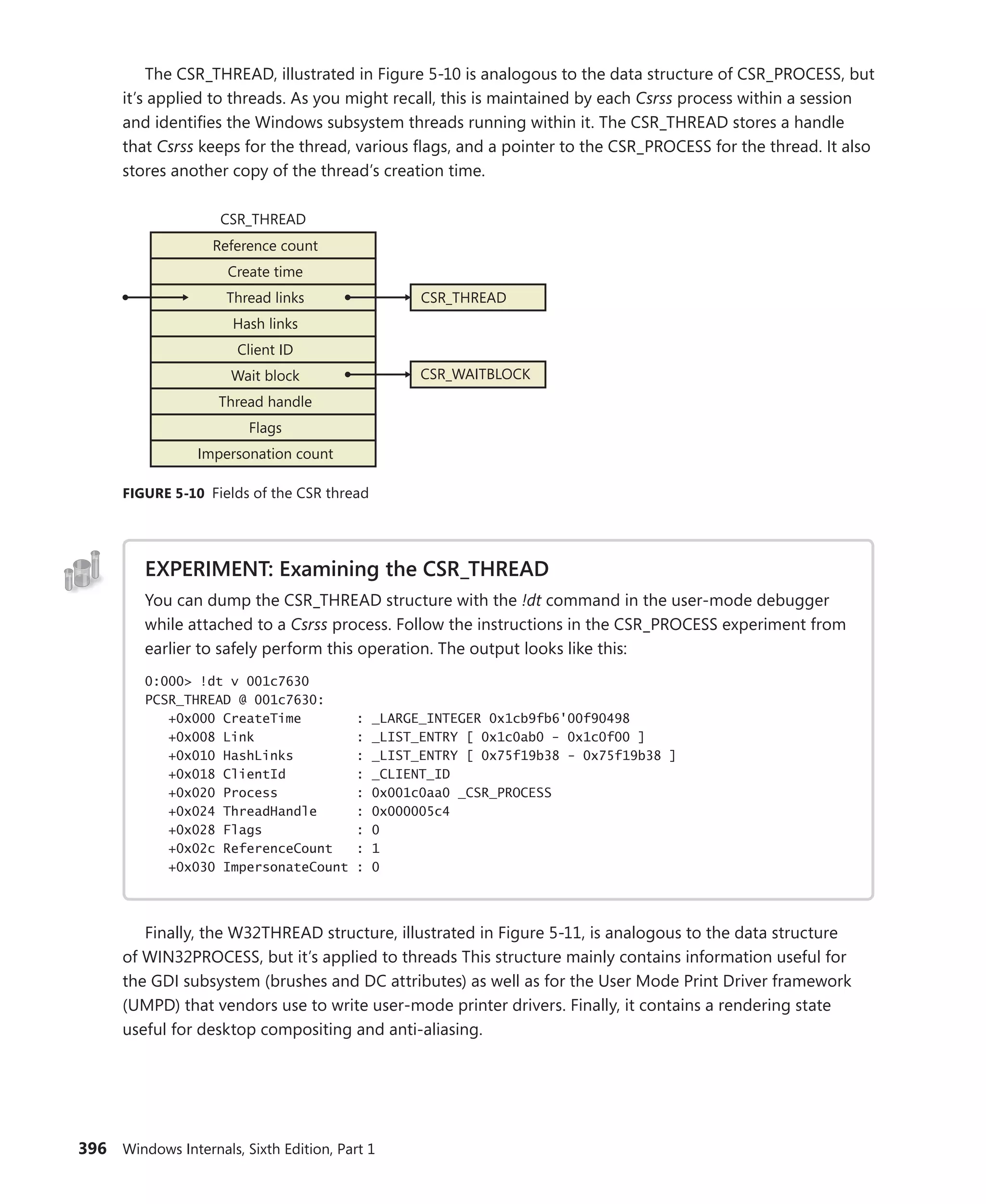 396 Windows Internals, Sixth Edition, Part 1
The CSR_THREAD, illustrated in Figure 5-10 is analogous to the data structure of CSR_PROCESS, but
it’s applied to threads. As you might recall, this is maintained by each Csrss process within a session
and identifies the Windows subsystem threads running within it. The CSR_THREAD stores a handle
that Csrss keeps for the thread, various flags, and a pointer to the CSR_PROCESS for the thread. It also
stores another copy of the thread’s creation time.
Reference count
Create time
Thread links
Hash links
Client ID
Wait block
Thread handle
CSR_WAITBLOCK
Flags
Impersonation count
CSR_THREAD
CSR_THREAD
FIGURE 5-10 Fields of the CSR thread
EXPERIMENT: Examining the CSR_THREAD
You can dump the CSR_THREAD structure with the !dt command in the user-mode debugger
while attached to a Csrss process. Follow the instructions in the CSR_PROCESS experiment from
earlier to safely perform this operation. The output looks like this:
0:000> !dt v 001c7630
PCSR_THREAD @ 001c7630:
+0x000 CreateTime : _LARGE_INTEGER 0x1cb9fb6'00f90498
+0x008 Link : _LIST_ENTRY [ 0x1c0ab0 - 0x1c0f00 ]
+0x010 HashLinks : _LIST_ENTRY [ 0x75f19b38 - 0x75f19b38 ]
+0x018 ClientId : _CLIENT_ID
+0x020 Process : 0x001c0aa0 _CSR_PROCESS
+0x024 ThreadHandle : 0x000005c4
+0x028 Flags : 0
+0x02c ReferenceCount : 1
+0x030 ImpersonateCount : 0
Finally, the W32THREAD structure, illustrated in Figure 5-11, is analogous to the data structure
of WIN32PROCESS, but it’s applied to threads This structure mainly contains information useful for
the GDI subsystem (brushes and DC attributes) as well as for the User Mode Print Driver framework
(UMPD) that vendors use to write user-mode printer drivers. Finally, it contains a rendering state
­
useful for desktop compositing and anti-aliasing.
 
