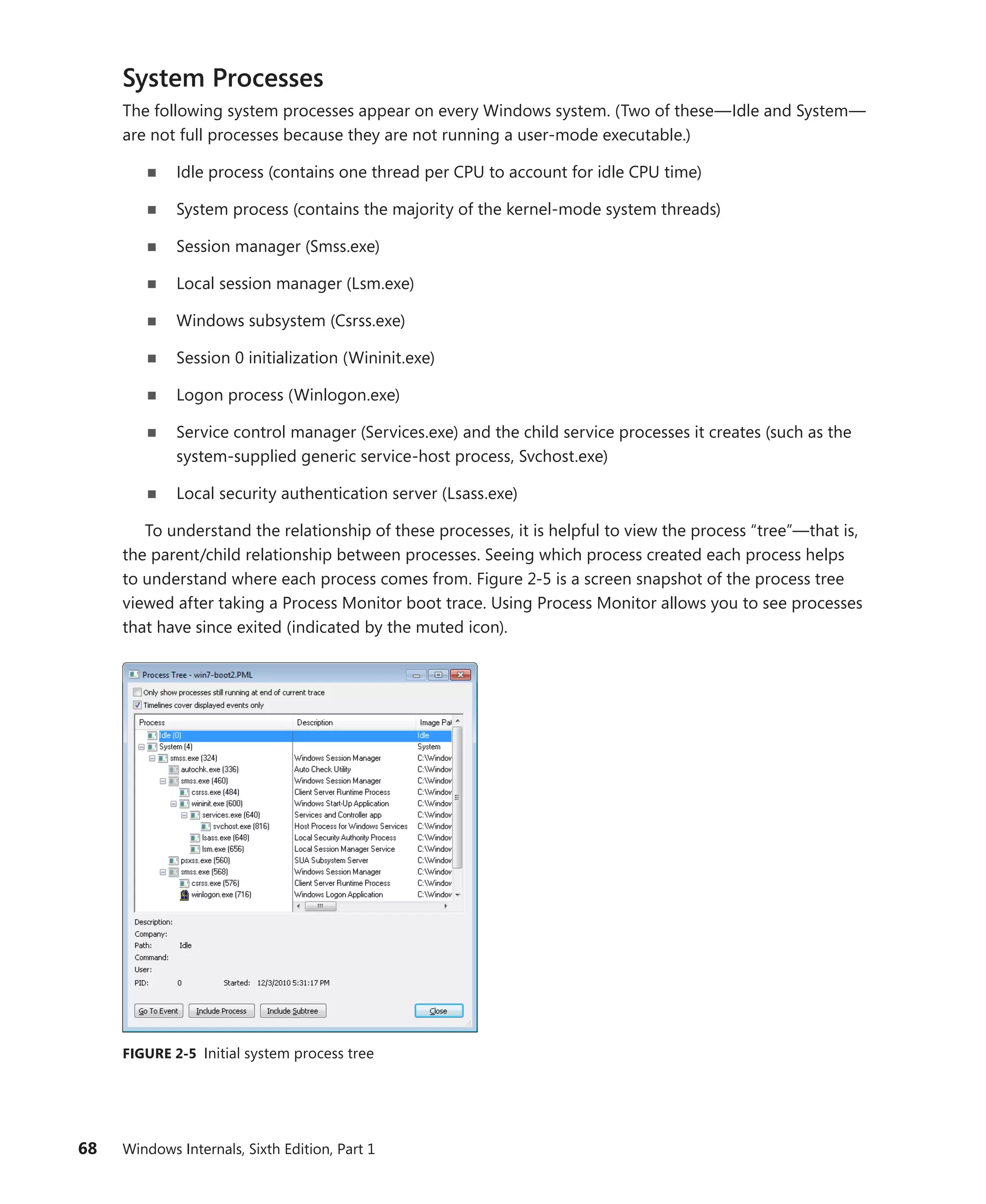 68 Windows Internals, Sixth Edition, Part 1
System Processes
The following system processes appear on every Windows system. (Two of these—Idle and System—
are not full processes because they are not running a user-mode executable.)
■
■ Idle process (contains one thread per CPU to account for idle CPU time)
■
■ System process (contains the majority of the kernel-mode system threads)
■
■ Session manager (Smss.exe)
■
■ Local session manager (Lsm.exe)
■
■ Windows subsystem (Csrss.exe)
■
■ Session 0 initialization (Wininit.exe)
■
■ Logon process (Winlogon.exe)
■
■ Service control manager (Services.exe) and the child service processes it creates (such as the
system-supplied generic service-host process, Svchost.exe)
■
■ Local security authentication server (Lsass.exe)
To understand the relationship of these processes, it is helpful to view the process “tree”—that is,
the parent/child relationship between processes. Seeing which process created each process helps
to understand where each process comes from. Figure 2-5 is a screen snapshot of the process tree
viewed after taking a Process Monitor boot trace. Using Process Monitor allows you to see processes
that have since exited (indicated by the muted icon).
FIGURE 2-5 Initial system process tree
 