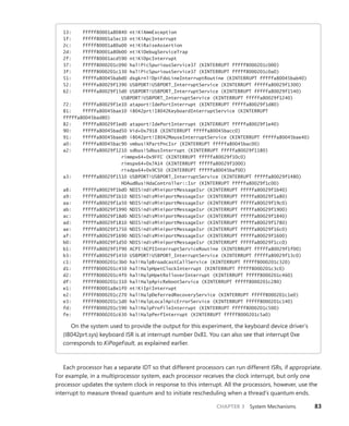 CHAPTER 3 System Mechanisms 83
13: fffff80001a80840 nt!KiXmmException
1f: fffff80001a5ec10 nt!KiApcInterrupt
2c: fffff80001a80a00 nt!KiRaiseAssertion
2d: fffff80001a80b00 nt!KiDebugServiceTrap
2f: fffff80001acd590 nt!KiDpcInterrupt
37: fffff8000201c090 hal!PicSpuriousService37 (KINTERRUPT fffff8000201c000)
3f: fffff8000201c130 hal!PicSpuriousService37 (KINTERRUPT fffff8000201c0a0)
51: fffffa80045babd0 dxgkrnl!DpiFdoLineInterruptRoutine (KINTERRUPT fffffa80045bab40)
52: fffffa80029f1390 USBPORT!USBPORT_InterruptService (KINTERRUPT fffffa80029f1300)
62: fffffa80029f15d0 USBPORT!USBPORT_InterruptService (KINTERRUPT fffffa80029f1540)
USBPORT!USBPORT_InterruptService (KINTERRUPT fffffa80029f1240)
72: fffffa80029f1e10 ataport!IdePortInterrupt (KINTERRUPT fffffa80029f1d80)
81: fffffa80045bae10 i8042prt!I8042KeyboardInterruptService (KINTERRUPT
fffffa80045bad80)
82: fffffa80029f1ed0 ataport!IdePortInterrupt (KINTERRUPT fffffa80029f1e40)
90: fffffa80045bad50 Vid+0x7918 (KINTERRUPT fffffa80045bacc0)
91: fffffa80045baed0 i8042prt!I8042MouseInterruptService (KINTERRUPT fffffa80045bae40)
a0: fffffa80045bac90 vmbus!XPartPncIsr (KINTERRUPT fffffa80045bac00)
a2: fffffa80029f1210 sdbus!SdbusInterrupt (KINTERRUPT fffffa80029f1180)
rimmpx64+0x9FFC (KINTERRUPT fffffa80029f10c0)
rimspx64+0x7A14 (KINTERRUPT fffffa80029f1000)
rixdpx64+0x9C50 (KINTERRUPT fffffa80045baf00)
a3: fffffa80029f1510 USBPORT!USBPORT_InterruptService (KINTERRUPT fffffa80029f1480)
HDAudBus!HdaController::Isr (KINTERRUPT fffffa80029f1c00)
a8: fffffa80029f1bd0 NDIS!ndisMiniportMessageIsr (KINTERRUPT fffffa80029f1b40)
a9: fffffa80029f1b10 NDIS!ndisMiniportMessageIsr (KINTERRUPT fffffa80029f1a80)
aa: fffffa80029f1a50 NDIS!ndisMiniportMessageIsr (KINTERRUPT fffffa80029f19c0)
ab: fffffa80029f1990 NDIS!ndisMiniportMessageIsr (KINTERRUPT fffffa80029f1900)
ac: fffffa80029f18d0 NDIS!ndisMiniportMessageIsr (KINTERRUPT fffffa80029f1840)
ad: fffffa80029f1810 NDIS!ndisMiniportMessageIsr (KINTERRUPT fffffa80029f1780)
ae: fffffa80029f1750 NDIS!ndisMiniportMessageIsr (KINTERRUPT fffffa80029f16c0)
af: fffffa80029f1690 NDIS!ndisMiniportMessageIsr (KINTERRUPT fffffa80029f1600)
b0: fffffa80029f1d50 NDIS!ndisMiniportMessageIsr (KINTERRUPT fffffa80029f1cc0)
b1: fffffa80029f1f90 ACPI!ACPIInterruptServiceRoutine (KINTERRUPT fffffa80029f1f00)
b3: fffffa80029f1450 USBPORT!USBPORT_InterruptService (KINTERRUPT fffffa80029f13c0)
c1: fffff8000201c3b0 hal!HalpBroadcastCallService (KINTERRUPT fffff8000201c320)
d1: fffff8000201c450 hal!HalpHpetClockInterrupt (KINTERRUPT fffff8000201c3c0)
d2: fffff8000201c4f0 hal!HalpHpetRolloverInterrupt (KINTERRUPT fffff8000201c460)
df: fffff8000201c310 hal!HalpApicRebootService (KINTERRUPT fffff8000201c280)
e1: fffff80001a8e1f0 nt!KiIpiInterrupt
e2: fffff8000201c270 hal!HalpDeferredRecoveryService (KINTERRUPT fffff8000201c1e0)
e3: fffff8000201c1d0 hal!HalpLocalApicErrorService (KINTERRUPT fffff8000201c140)
fd: fffff8000201c590 hal!HalpProfileInterrupt (KINTERRUPT fffff8000201c500)
fe: fffff8000201c630 hal!HalpPerfInterrupt (KINTERRUPT fffff8000201c5a0)
On the system used to provide the output for this experiment, the keyboard device driver’s
(I8042prt.sys) keyboard ISR is at interrupt number 0x81. You can also see that interrupt 0xe
­corresponds to KiPageFault, as explained earlier.
Each processor has a separate IDT so that different processors can run different ISRs, if ­
appropriate.
For example, in a multiprocessor system, each processor receives the clock interrupt, but only one
processor updates the system clock in response to this interrupt. All the processors, however, use the
interrupt to measure thread quantum and to initiate rescheduling when a thread’s quantum ends.
 