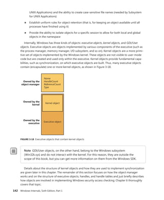 142 Windows Internals, Sixth Edition, Part 1
UNIX Applications) and the ability to create case-sensitive file names (needed by Subsystem
for UNIX Applications)
■
■ Establish uniform rules for object retention (that is, for keeping an object available until all
processes have finished using it)
■
■ Provide the ability to isolate objects for a specific session to allow for both local and global
objects in the namespace
Internally, Windows has three kinds of objects: executive objects, kernel objects, and GDI/User
­
objects. Executive objects are objects implemented by various components of the executive (such as
the process manager, memory manager, I/O subsystem, and so on). Kernel objects are a more primi-
tive set of objects implemented by the Windows kernel. These objects are not visible to user-mode
code but are created and used only within the executive. Kernel objects provide fundamental capa-
bilities, such as synchronization, on which executive objects are built. Thus, many executive objects
contain (encapsulate) one or more kernel objects, as shown in Figure 3-18.
Kernel object
Name
HandleCount
ReferenceCount
Type
Executive object
Owned by the
executive
Owned by the
kernel
Owned by the
object manager
FIGURE 3-18 Executive objects that contain kernel objects
Note GDI/User objects, on the other hand, belong to the Windows subsystem
(Win32k.sys) and do not interact with the kernel. For this reason, they are outside the
scope of this book, but you can get more information on them from the Windows SDK.
Details about the structure of kernel objects and how they are used to implement ­
synchronization
are given later in this chapter. The remainder of this section focuses on how the object manager
works and on the structure of executive objects, handles, and handle tables and just briefly describes
how objects are involved in implementing Windows security access checking; Chapter 6 thoroughly
covers that topic.
 