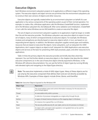 CHAPTER 3 System Mechanisms 143
Executive Objects
Each Windows environment subsystem projects to its applications a different image of the operating
system. The executive objects and object services are primitives that the environment subsystems use
to construct their own versions of objects and other resources.
Executive objects are typically created either by an environment subsystem on behalf of a user
application or by various components of the operating system as part of their normal operation. For
example, to create a file, a Windows application calls the Windows CreateFileW function, implement-
ed in the Windows subsystem DLL Kernelbase.dll. After some validation and initialization, CreateFileW
in turn calls the native Windows service NtCreateFile to create an executive file object.
The set of objects an environment subsystem supplies to its applications might be larger or smaller
than the set the executive provides. The Windows subsystem uses executive objects to export its own
set of objects, many of which correspond directly to executive objects. For example, the Windows
mutexes and semaphores are directly based on executive objects (which, in turn, are based on cor-
responding kernel objects). In addition, the Windows subsystem supplies named pipes and mailslots,
resources that are based on executive file objects. Some subsystems, such as Subsystem for UNIX
Applications, don’t support objects as objects at all. Subsystem for UNIX Applications uses executive
objects and services as the basis for presenting UNIX-style processes, pipes, and other resources to its
applications.
Table 3-8 lists the primary objects the executive provides and briefly describes what they
­
represent. You can find further details on executive objects in the chapters that describe the related
executive components (or in the case of executive objects directly exported to Windows, in the
­
Windows API reference documentation). You can see the full list of object types by running Winobj
with elevated rights and navigating to the ObjectTypes directory.
Note The executive implements a total of 4242 object types. Many of these objects are for
use only by the executive component that defines them and are not directly accessible by
Windows APIs. Examples of these objects include Driver, Device, and EventPair.
TABLE 3-8 Executive Objects Exposed to the Windows API
Object Type Represents
Process The virtual address space and control information necessary for the execution of a
set of thread objects.
Thread An executable entity within a process.
Job A collection of processes manageable as a single entity through the job.
Section A region of shared memory (known as a file-mapping object in Windows).
File An instance of an opened file or an I/O device.
Token The security profile (security ID, user rights, and so on) of a process or a thread.
Event An object with a persistent state (signaled or not signaled) that can be used for
synchronization or notification.
 