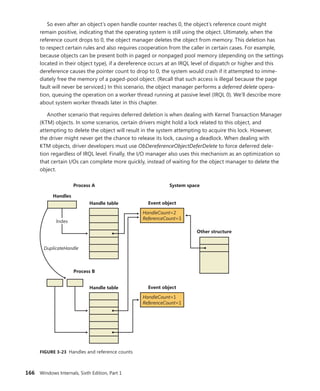 166 Windows Internals, Sixth Edition, Part 1
So even after an object’s open handle counter reaches 0, the object’s reference count might
remain positive, indicating that the operating system is still using the object. Ultimately, when the
reference count drops to 0, the object manager deletes the object from memory. This deletion has
to respect certain rules and also requires cooperation from the caller in certain cases. For example,
because objects can be present both in paged or nonpaged pool memory (depending on the settings
located in their object type), if a dereference occurs at an IRQL level of dispatch or higher and this
dereference causes the pointer count to drop to 0, the system would crash if it attempted to imme-
diately free the memory of a paged-pool object. (Recall that such access is illegal because the page
fault will never be serviced.) In this scenario, the object manager performs a deferred delete opera-
tion, queuing the operation on a worker thread running at passive level (IRQL 0). We’ll describe more
about system worker threads later in this chapter.
Another scenario that requires deferred deletion is when dealing with Kernel Transaction ­
Manager
(KTM) objects. In some scenarios, certain drivers might hold a lock related to this object, and
­
attempting to delete the object will result in the system attempting to acquire this lock. However,
the driver might never get the chance to release its lock, causing a deadlock. When dealing with
KTM ­
objects, driver developers must use ObDereferenceObjectDeferDelete to force deferred dele-
tion regardless of IRQL level. Finally, the I/O manager also uses this mechanism as an optimization so
that certain I/Os can complete more quickly, instead of waiting for the object manager to delete the
object.
Other structure
HandleCount=1
ReferenceCount=1
Event object
HandleCount=2
ReferenceCount=3
Event object
Handle table
Process A System space
Process B
Handle table
Handles
DuplicateHandle
Index
FIGURE 3-23 Handles and reference counts
 
