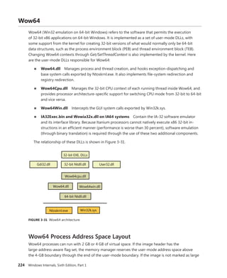 224 Windows Internals, Sixth Edition, Part 1
Wow64
Wow64 (Win32 emulation on 64-bit Windows) refers to the software that permits the execution
of 32-bit x86 applications on 64-bit Windows. It is implemented as a set of user-mode DLLs, with
some support from the kernel for creating 32-bit versions of what would normally only be 64-bit
data ­
structures, such as the process environment block (PEB) and thread environment block (TEB).
­
Changing Wow64 contexts through Get/SetThreadContext is also implemented by the kernel. Here
are the user-mode DLLs responsible for Wow64:
■
■ Wow64.dll Manages process and thread creation, and hooks exception-dispatching and
base system calls exported by Ntoskrnl.exe. It also implements file-system redirection and
registry redirection.
■
■ Wow64Cpu.dll Manages the 32-bit CPU context of each running thread inside Wow64, and
provides processor architecture-specific support for switching CPU mode from 32-bit to 64-bit
and vice versa.
■
■ Wow64Win.dll Intercepts the GUI system calls exported by Win32k.sys.
■
■ IA32Exec.bin and Wowia32x.dll on IA64 systems Contain the IA-32 software ­
emulator
and its interface library. Because Itanium processors cannot natively execute x86 32-bit in-
structions in an efficient manner (performance is worse than 30 percent), software emulation
(through binary translation) is required through the use of these two additional components.
The relationship of these DLLs is shown in Figure 3-31.
32-bit EXE, DLLs
32-bit Ntdll.dll
Wow64cpu.dll
Wow64.dll Wow64win.dll
64-bit Ntdll.dll
Ntoskrnl.exe Win32k.sys
User32.dll
Gdi32.dll
FIGURE 3-31 Wow64 architecture
Wow64 Process Address Space Layout
Wow64 processes can run with 2 GB or 4 GB of virtual space. If the image header has the
­
large-address-aware flag set, the memory manager reserves the user-mode address space above
the 4-GB boundary through the end of the user-mode boundary. If the image is not marked as large
 