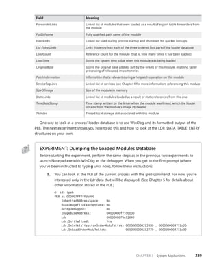 CHAPTER 3 System Mechanisms 239
Field Meaning
ForwarderLinks Linked list of modules that were loaded as a result of export table forwarders from
the module
FullDllName Fully qualified path name of the module
HashLinks Linked list used during process startup and shutdown for quicker lookups
List Entry Links Links this entry into each of the three ordered lists part of the loader database
LoadCount Reference count for the module (that is, how many times it has been loaded)
LoadTime Stores the system time value when this module was being loaded
OriginalBase Stores the original base address (set by the linker) of this module, enabling faster
processing of relocated import entries
PatchInformation Information that’s relevant during a hotpatch operation on this module
ServiceTagLinks Linked list of services (see Chapter 4 for more information) referencing this module
SizeOfImage Size of the module in memory
StaticLinks Linked list of modules loaded as a result of static references from this one
TimeDateStamp Time stamp written by the linker when the module was linked, which the loader
obtains from the module’s image PE header
TlsIndex Thread local storage slot associated with this module
One way to look at a process’ loader database is to use WinDbg and its formatted output of the
PEB. The next experiment shows you how to do this and how to look at the LDR_DATA_TABLE_ENTRY
structures on your own.
EXPERIMENT: Dumping the Loaded Modules Database
Before starting the experiment, perform the same steps as in the previous two experiments to
launch Notepad.exe with WinDbg as the debugger. When you get to the first prompt (where
you’ve been instructed to type g until now), follow these instructions:
1. You can look at the PEB of the current process with the !peb command. For now, you’re
interested only in the Ldr data that will be displayed. (See Chapter 5 for details about
other information stored in the PEB.)
0: kd> !peb
PEB at 000007fffffda000
InheritedAddressSpace: No
ReadImageFileExecOptions: No
BeingDebugged: No
ImageBaseAddress: 00000000ff590000
Ldr 0000000076e72640
Ldr.Initialized: Yes
Ldr.InInitializationOrderModuleList: 0000000000212880 . 0000000004731c20
Ldr.InLoadOrderModuleList: 0000000000212770 . 0000000004731c00
 