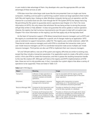 CHAPTER 3 System Mechanisms 269
in user mode to take advantage of them. Any developer who uses the appropriate APIs can take
­
advantage of these services as well.
KTM does more than solve large-scale issues like the one presented. Even on single-user home
computers, installing a service patch or performing a system restore are large operations that involve
both files and registry keys. Unplug an older Windows computer during such an operation, and the
chances for a successful boot are slim. Even though the NT File System (NTFS) has always had a log
file permitting the file system to guarantee atomic operations (see Chapter 12 in Part 2 for more
information on NTFS), this only means that whichever file was being written to during the process
will get fully written or fully deleted—it does not guarantee the entire update or restore ­
operation.
Likewise, the registry has had numerous improvements over the years to deal with ­
corruption (see
Chapter 4 for more information on the registry), but the fixes apply only at the key/value level.
As the heart of transaction support, KTM allows transactional resource managers such as NTFS and
the registry to coordinate their updates for a specific set of changes made by an application. NTFS
uses an extension to support transactions, called TxF. The registry uses a similar extension, called TxR.
These kernel-mode resource managers work with KTM to coordinate the transaction state, just as
user-mode resource managers use DTC to coordinate transaction state across multiple user-mode
resource managers. Third parties can also use KTM to implement their own resource managers.
TxF and TxR both define a new set of file system and registry APIs that are similar to existing ones,
except that they include a transaction parameter. If an application wants to create a file within a trans-
action, it first uses KTM to create the transaction, and then it passes the resulting transaction handle
to the new file creation API. Although we’ll look at the registry and NTFS implementations of KTM
later, these are not its only possible uses. In fact, it provides four system objects that allow a variety of
operations to be supported. These are listed in Table 3-27.
TABLE 3-27 KTM Objects
Object Meaning Usage
Transaction Collection of data operations to
be performed. Provides atomic,
consistent, isolated, and durable
operations.
Can be associated with the registry and file
I/O to make those operations part of the same
larger operation.
Enlistment Association between a resource
manager and a transaction.
Register with a transaction to receive
­
notifications on it. The enlistment can specify
which notifications should be generated.
Resource Manager (RM) Container for the transactions and
the data on which they operate.
Provides an interface for clients to read and
write the data, typically on a database.
Transaction Manager
(TM)
Container of all transactions that
are part of the associated resource
managers. As an instance of a log,
it knows about all transaction states
but not their data.
Provides an infrastructure through which clients
and resource managers can communicate, and
provides and coordinates recovery operations
after a crash. Clients use the TM for transactions;
RMs use the TM for enlistments.
 