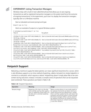 270 Windows Internals, Sixth Edition, Part 1
EXPERIMENT: Listing Transaction Managers
Windows ships with a built-in tool called Ktmutil.exe that allows you to see ongoing
­
transactions as well as registered transaction managers on the system (and force the outcome
of ongoing transactions). In this experiment, you’ll use it to display the transaction managers
typically seen on a Windows machine.
Start an elevated command prompt and type:
Ktmutil.exe tm list
Here’s an example of output on a typical Windows system:
C:Windowssystem32>ktmutil tm list
TmGuid TmLogPath
-------------------------------------- -----------------------------------------
{fef0dc5f-0392-11de-979f-002219dd8c25} DeviceHarddiskVolume2$Extend$RmMetadata$TxfLog
$TxfLog::KtmLog
{fef0dc63-0392-11de-979f-002219dd8c25} DeviceHarddiskVolume1$Extend$RmMetadata$TxfLog
$TxfLog::KtmLog
{5e68e4aa-129e-11e0-8635-806e6f6e6963} DeviceHarddiskVolume2WindowsServiceProfiles
NetworkServicentuser.dat{5e68e4a8-129e-11e0-8635-806e6f6e6963}.TM
{5e68e4ae-129e-11e0-8635-005056c00008} DeviceHarddiskVolume2WindowsServiceProfiles
LocalServicentuser.dat{5e68e4ac-129e-11e0-8635-005056c00008}.TM
{51ce23c9-0d6c-11e0-8afb-806e6f6e6963} SystemRootSystem32ConfigTxR{51ce23c7-0d6c-
11e0-8afb-806e6f6e6963}.TM
{51ce23ee-0d6c-11e0-8afb-005056c00008} DeviceHarddiskVolume2Usersmarkrussntuser.
dat{51ce23ec-0d6c-11e0-8afb-005056c00008}.TM
{51ce23f2-0d6c-11e0-8afb-005056c00008} DeviceHarddiskVolume2UsersmarkrussAppData
LocalMicrosoftWindowsUsrClass.dat{51ce23f0-0d6c-11e0-8afb-005056c00008}.TM
Hotpatch Support
Rebooting a machine to apply the latest patches can mean significant downtime for a server, which
is why Windows supports a run-time method of patching, called a hot patch (or simply hotpatch), in
contrast to a cold patch, which requires a reboot. Hotpatching doesn’t simply allow files to be over-
written during execution; instead, it includes a complex series of operations that can be requested
(and combined). These operations are listed in Table 3-28.
TABLE 3-28 Hotpatch Operations
Operation Meaning Usage
Rename Image Replacing a DLL that is on the disk
and currently used by other applica-
tions, or replacing a driver that is on
the disk and is currently loaded by
the kernel
When an entire library in user mode needs to
be replaced, the kernel can detect which pro-
cesses and services are referencing it, unload
them, and then update the DLL and restart the
programs and services (which is done through
the restart manager). When a driver needs to
be replaced, the kernel can unload the driver
(the driver requires an unload routine), update
it, and then reload it.
 