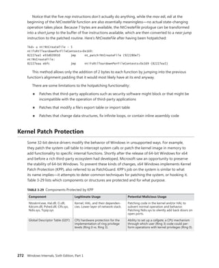 272 Windows Internals, Sixth Edition, Part 1
Notice that the five nop instructions don’t actually do anything, while the mov edi, edi at the
beginning of the NtCreateFile function are also essentially meaningless—no actual state-changing
operation takes place. Because 7 bytes are available, the NtCreateFile prologue can be transformed
into a short jump to the buffer of five instructions available, which are then converted to a near jump
instruction to the patched routine. Here’s NtCreateFile after having been hotpatched:
lkd> u nt!NtCreateFile - 5
nt!FsRtlTeardownPerFileContexts+0x169:
82227ea5 e93d020010 jmp nt_patch!NtCreateFile (922280e7)
nt!NtCreateFile:
82227eaa ebfc jmp nt!FsRtlTeardownPerFileContexts+0x169 (82227ea5)
This method allows only the addition of 2 bytes to each function by jumping into the previous
function’s alignment padding that it would most likely have at its end anyway.
There are some limitations to the hotpatching functionality:
■
■ Patches that third-party applications such as security software might block or that might be
incompatible with the operation of third-party applications
■
■ Patches that modify a file’s export table or import table
■
■ Patches that change data structures, fix infinite loops, or contain inline assembly code
Kernel Patch Protection
Some 32-bit device drivers modify the behavior of Windows in unsupported ways. For example,
they patch the system call table to intercept system calls or patch the kernel image in memory to
add functionality to specific internal functions. Shortly after the release of 64-bit Windows for x64
and before a rich third-party ecosystem had developed, Microsoft saw an opportunity to preserve
the ­
stability of 64-bit Windows. To prevent these kinds of changes, x64 Windows implements Kernel
Patch Protection (KPP), also referred to as PatchGuard. KPP’s job on the system is similar to what
its name implies—it attempts to deter common techniques for patching the system, or hooking it.
Table 3-29 lists which components or structures are protected and for what purpose.
TABLE 3-29 Components Protected by KPP
Component Legitimate Usage Potential Malicious Usage
Ntoskrnl.exe, Hal.dll, Ci.dll,
Kdcom.dll, Pshed.dll, Clfs.sys,
Ndis.sys, Tcpip.sys
Kernel, HAL, and their dependen-
cies. Lower layer of network stack.
Patching code in the kernel and/or HAL to
­
subvert normal operation and behavior.
Patching Ndis.sys to silently add back doors on
open ports.
Global Descriptor Table (GDT) CPU hardware protection for the
implementation of ring privilege
levels (Ring 0 vs. Ring 3).
Ability to set up a callgate, a CPU ­
mechanism
through which user (Ring 3) code could per-
form operations with ­
kernel privileges (Ring 0).
 