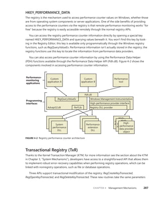 CHAPTER 4 Management Mechanisms 287
HKEY_PERFORMANCE_DATA
The registry is the mechanism used to access performance counter values on Windows, whether those
are from operating system components or server applications. One of the side benefits of providing
access to the performance counters via the registry is that remote performance monitoring works “for
free” because the registry is easily accessible remotely through the normal registry APIs.
You can access the registry performance counter information directly by opening a special key
named HKEY_PERFORMANCE_DATA and querying values beneath it. You won’t find this key by look-
ing in the Registry Editor; this key is available only programmatically through the Windows registry
functions, such as RegQueryValueEx. Performance information isn’t actually stored in the registry; the
registry functions use this key to locate the information from performance data providers.
You can also access performance counter information by using the Performance Data Helper
(PDH) functions available through the Performance Data Helper API (Pdh.dll). Figure 4-2 shows the
­
components involved in accessing performance counter information.
High-
performance
data provider
object
High-
performance
data provider
object
High-
performance
data provider
object
System
performance
DLL
Performance
extension
DLL
Windows Management Instrumentation
High-performance provider interface
Registry DLL provider
Performance-
monitoring
applications
Programming
interfaces
RegQueryValueEx
Advapi32.dll PerfLib
Pdh.dll
Custom
application A
Custom
application B
Performance
tool
FIGURE 4-2 Registry performance counter architecture
Transactional Registry (TxR)
Thanks to the Kernel Transaction Manager (KTM; for more information see the section about the KTM
in Chapter 3, “System Mechanisms”), developers have access to a straightforward API that allows them
to implement robust error-recovery capabilities when performing registry operations, which can be
linked with nonregistry operations, such as file or database operations.
Three APIs support transactional modification of the registry: RegCreateKeyTransacted,
­
RegOpenKeyTransacted, and RegDeleteKeyTransacted. These new routines take the same parameters
 