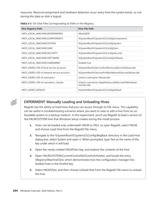 294 Windows Internals, Sixth Edition, Part 1
resources. Resource assignment and hardware detection occur every time the system boots, so not
storing this data on disk is logical.
TABLE 4-5 On-Disk Files Corresponding to Paths in the Registry
Hive Registry Path Hive File Path
HKEY_LOCAL_MACHINEBCD00000000 BootBCD
HKEY_LOCAL_MACHINECOMPONENTS %SystemRoot%System32ConfigComponents
HKEY_LOCAL_MACHINESYSTEM %SystemRoot%System32ConfigSystem
HKEY_LOCAL_MACHINESAM %SystemRoot%System32ConfigSam
HKEY_LOCAL_MACHINESECURITY %SystemRoot%System32ConfigSecurity
HKEY_LOCAL_MACHINESOFTWARE %SystemRoot%System32ConfigSoftware
HKEY_LOCAL_MACHINEHARDWARE Volatile hive
HKEY_USERS<SID of local service account> %SystemRoot%ServiceProfilesLocalServiceNtuser.dat
HKEY_USERS<SID of network service account> %SystemRoot%ServiceProfilesNetworkServiceNtUser.dat
HKEY_USERS<SID of username> Users<username>Ntuser.dat
HKEY_USERS<SID of username>_Classes Users<username>AppDataLocalMicrosoftWindows
Usrclass.dat
HKEY_USERS.DEFAULT %SystemRoot%System32ConfigDefault
EXPERIMENT: Manually Loading and Unloading Hives
Regedit has the ability to load hives that you can access through its File menu. This ­
capability
can be useful in troubleshooting scenarios where you want to view or edit a hive from an un-
bootable system or a backup medium. In this experiment, you’ll use Regedit to load a version of
the HKLMSYSTEM hive that Windows Setup creates during the install process.
1. Hives can be loaded only underneath HKLM or HKU, so open Regedit, select HKLM,
and choose Load Hive from the Regedit File menu.
2. Navigate to the %SystemRoot%System32ConfigRegBack directory in the Load Hive
dialog box, select System and open it. When prompted, type Test as the name of the
key under which it will load.
3. Open the newly created HKLMTest key, and explore the contents of the hive.
4. Open HKLMSYSTEMCurrentControlSetControlHivelist, and locate the entry
RegistryMachineTest, which demonstrates how the configuration manager lists
loaded hives in the Hivelist key.
5. Select HKLMTest, and then choose Unload Hive from the Regedit File menu to unload
the hive.
 