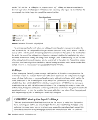 298 Windows Internals, Sixth Edition, Part 1
values, Val 1 and Val 2. A subkey-list cell locates the root key’s subkey, and a value-list cell locates
the root key’s values. The free spaces in the second bin are empty cells. Figure 4-3 doesn’t show the
security cells for the two keys, which would be present in a hive.
Block boundaries
Key cell (key node)
Value cell
Value-list cell
Subkey-list cell
Free space
Base block Empty bin Root Val 1 Val 2
Sub
Key
Bin 1
Bin 2
FIGURE 4-3 Internal structure of a registry hive
To optimize searches for both values and subkeys, the configuration manager sorts subkey-list
cells alphabetically. The configuration manager can then perform a binary search when it looks for a
subkey within a list of subkeys. The configuration manager examines the subkey in the middle of the
list, and if the name of the subkey the configuration manager is looking for is alphabetically before
the name of the middle subkey, the configuration manager knows that the subkey is in the first half
of the subkey list; otherwise, the subkey is in the second half of the subkey list. This splitting process
continues until the configuration manager locates the subkey or finds no match. Value-list cells aren’t
sorted, however, so new values are always added to the end of the list.
Cell Maps
If hives never grew, the configuration manager could perform all its registry management on the
in-memory version of a hive as if the hive were a file. Given a cell index, the configuration manager
could calculate the location in memory of a cell simply by adding the cell index, which is a hive file
offset, to the base of the in-memory hive image. Early in the system boot, this process is exactly
what Winload does with the SYSTEM hive: Winload reads the entire SYSTEM hive into memory as
a ­
read-only hive and adds the cell indexes to the base of the in-memory hive image to locate cells.
Unfortunately, hives grow as they take on new keys and values, which means the system must allocate
paged pool memory to store the new bins that contain added keys and values. Thus, the paged pool
that keeps the registry data in memory isn’t necessarily contiguous.
EXPERIMENT: Viewing Hive Paged Pool Usage
There are no administrative-level tools that show you the amount of paged pool that registry
hives, including user profiles, are consuming on Windows. However, the !reg dumppool kernel
debugger command shows you not only how many pages of the paged pool each loaded hive
consumes but also how many of the pages store volatile and nonvolatile data. The command
 