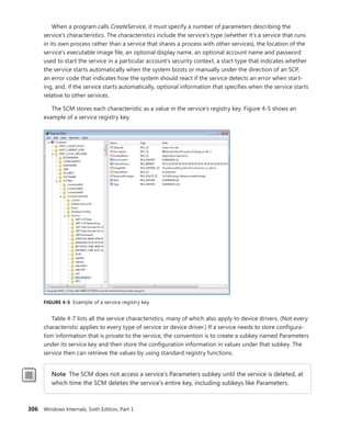 306 Windows Internals, Sixth Edition, Part 1
When a program calls CreateService, it must specify a number of parameters describing the
service’s characteristics. The characteristics include the service’s type (whether it’s a service that runs
in its own process rather than a service that shares a process with other services), the location of the
service’s executable image file, an optional display name, an optional account name and password
used to start the service in a particular account’s security context, a start type that indicates whether
the service starts automatically when the system boots or manually under the direction of an SCP,
an error code that indicates how the system should react if the service detects an error when start-
ing, and, if the service starts automatically, optional information that specifies when the service starts
­
relative to other services.
The SCM stores each characteristic as a value in the service’s registry key. Figure 4-5 shows an
example of a service registry key.
FIGURE 4-5 Example of a service registry key
Table 4-7 lists all the service characteristics, many of which also apply to device drivers. (Not every
characteristic applies to every type of service or device driver.) If a service needs to store configura-
tion information that is private to the service, the convention is to create a subkey named Parameters
under its service key and then store the configuration information in values under that subkey. The
service then can retrieve the values by using standard registry functions.
Note The SCM does not access a service’s Parameters subkey until the service is deleted, at
which time the SCM deletes the service’s entire key, including subkeys like Parameters.
 