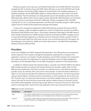 344 Windows Internals, Sixth Edition, Part 1
Windows programs and scripts (such as Windows PowerShell) use the WMI COM API, the primary
management API, to directly interact with WMI. Other APIs layer on top of the COM API and include
an Open Database Connectivity (ODBC) adapter for the Microsoft Access database application. A
­
database developer uses the WMI ODBC adapter to embed references to object data in the devel-
oper’s database. Then the developer can easily generate reports with database queries that contain
WMI-based data. WMI ActiveX controls support another layered API. Web developers use the ActiveX
controls to construct web-based interfaces to WMI data. Another management API is the WMI
­
scripting API, for use in script-based applications and Microsoft Visual Basic programs. WMI scripting
support exists for all Microsoft programming language technologies.
As they are for management applications, WMI COM interfaces constitute the primary API for
providers. However, unlike management applications, which are COM clients, providers are COM or
Distributed COM (DCOM) servers (that is, the providers implement COM objects that WMI interacts
with). Possible embodiments of a WMI provider include DLLs that load into WMI’s manager process
or stand-alone Windows applications or Windows services. Microsoft includes a number of built-in
providers that present data from well-known sources, such as the Performance API, the registry, the
Event Manager, Active Directory, SNMP, and modern device drivers. The WMI SDK lets developers
develop third-party WMI providers.
Providers
At the core of WBEM is the DMTF-designed CIM specification. The CIM specifies how ­
management
systems represent, from a systems management perspective, anything from a computer to an
­
application or device on a computer. Provider developers use the CIM to represent the components
that make up the parts of an application for which the developers want to enable management.
­
Developers use the Managed Object Format (MOF) language to implement a CIM representation.
In addition to defining classes that represent objects, a provider must interface WMI to the objects.
WMI classifies providers according to the interface features the providers supply. Table 4-12 lists
WMI provider classifications. Note that a provider can implement one or more features; therefore, a
provider can be, for example, both a class and an event provider. To clarify the feature definitions in
Table 4-12, let’s look at a provider that implements several of those features. The Event Log provider
supports several objects, including an Event Log Computer, an Event Log Record, and an Event Log
File. The Event Log is an Instance provider because it can define multiple instances for several of its
classes. One class for which the Event Log provider defines multiple instances is the Event Log File
class (Win32_NTEventlogFile); the Event Log provider defines an instance of this class for each of the
system’s event logs (that is, System Event Log, Application Event Log, and Security Event Log).
TABLE 4-12 Provider Classifications
Classification Description
Class Can supply, modify, delete, and enumerate a provider-specific class. It can also support query
processing. Active Directory is a rare example of a service that is a class provider.
Instance Can supply, modify, delete, and enumerate instances of system and provider-specific classes. An
instance represents a managed object. It can also support query processing.
 