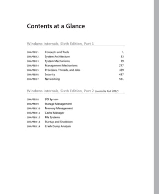 Contents at a Glance
Windows Internals, Sixth Edition, Part 1
CHAPTER 1 Concepts and Tools 1
CHAPTER 2 System Architecture 33
CHAPTER 3 System Mechanisms 79
CHAPTER 4 Management Mechanisms 277
CHAPTER 5 Processes, Threads, and Jobs 359
CHAPTER 6 Security 487
CHAPTER 7 Networking 591
Windows Internals, Sixth Edition, Part 2 (available Fall 2012)
CHAPTER 8 I/O System
CHAPTER 9 Storage Management
CHAPTER 10 Memory Management
CHAPTER 11 Cache Manager
CHAPTER 12 File Systems
CHAPTER 13 Startup and Shutdown
CHAPTER 14 Crash Dump Analysis
 