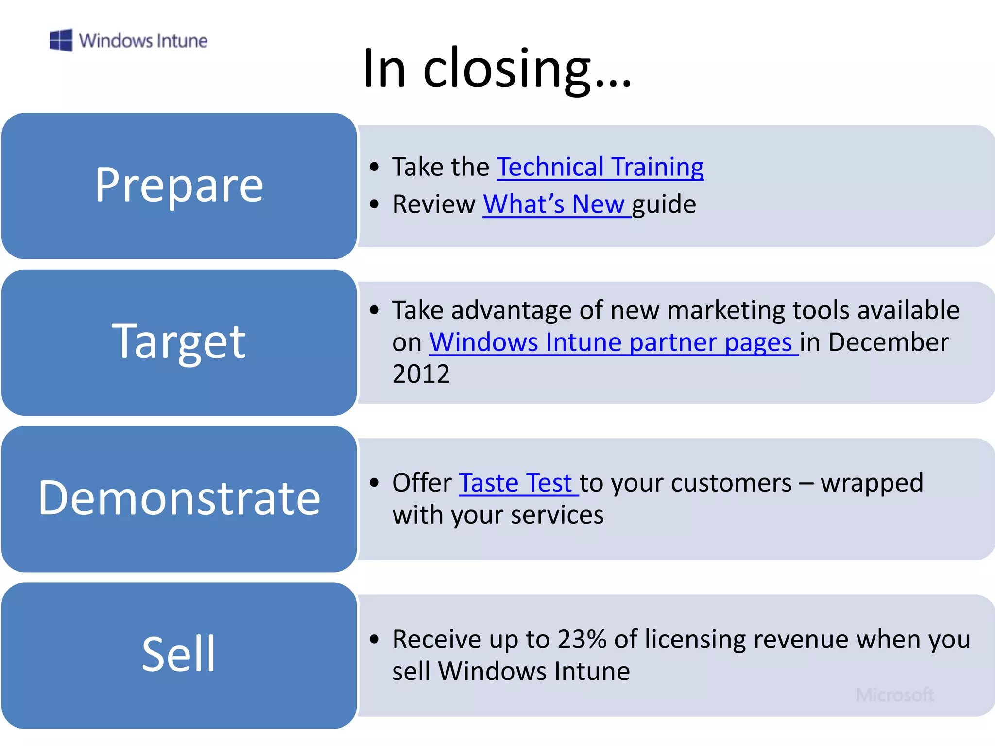 In closing…
              • Take the Technical Training
  Prepare     • Review What’s New guide


              • Take advantage of new marketing tools available
  Target        on Windows Intune partner pages in December
                2012


              • Offer Taste Test to your customers – wrapped
Demonstrate     with your services



              • Receive up to 23% of licensing revenue when you
    Sell        sell Windows Intune
 
