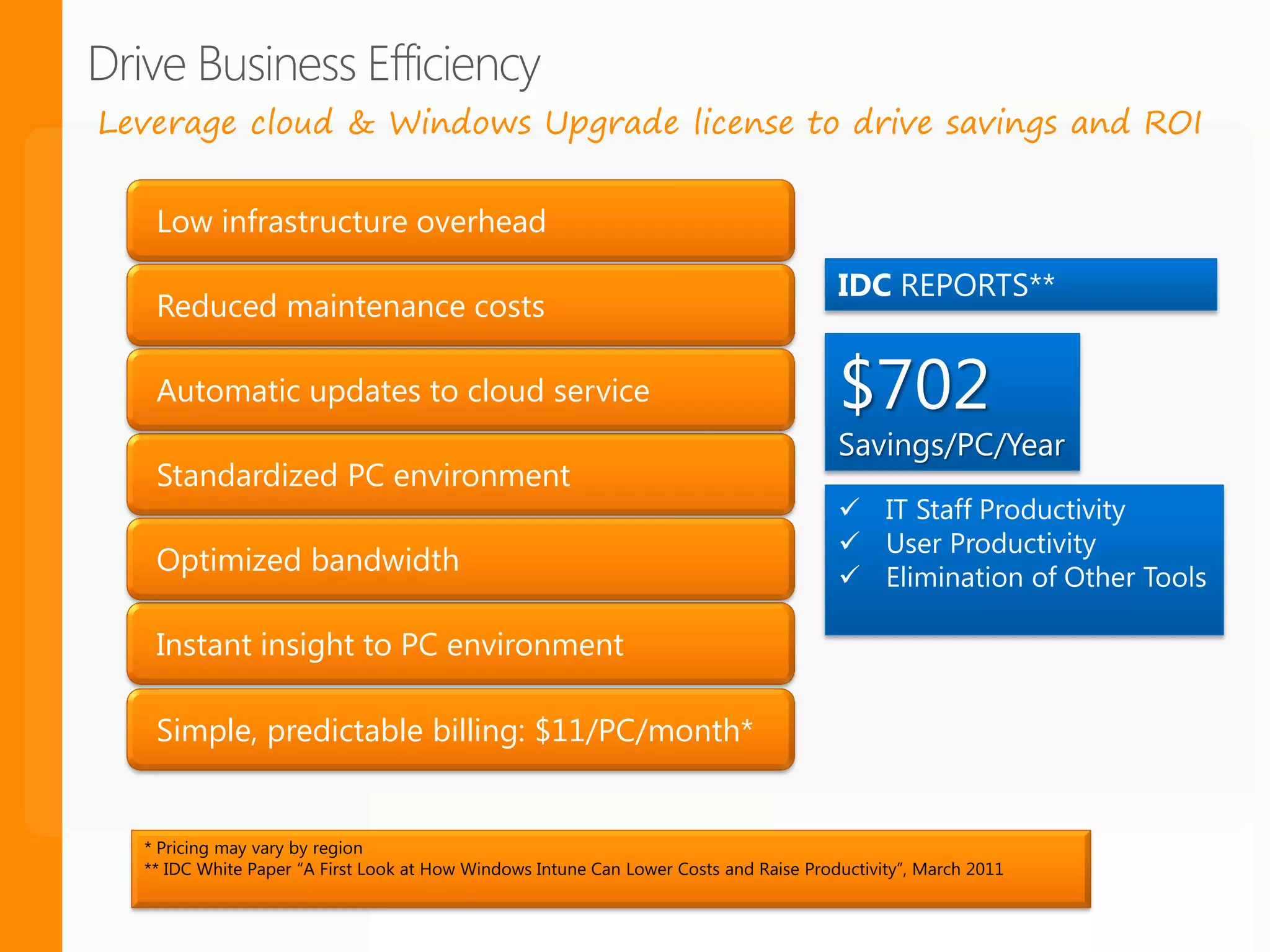Leverage cloud & Windows Upgrade license to drive savings and ROI


   Low infrastructure overhead

   Reduced maintenance costs

   Automatic updates to cloud service

   Standardized PC environment

   Optimized bandwidth

   Instant insight to PC environment

   Simple, predictable billing: $11/PC/month*




                       Copyright 2012 © Sentri, Inc. All rights reserved.
 