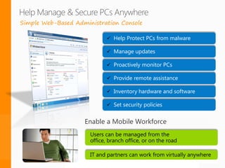 Simple Web-Based Administration Console

                                       Help Protect PCs from malware

                                       Manage updates

                                       Proactively monitor PCs

                                       Provide remote assistance

                                       Inventory hardware and software

                                       Set security policies


                     Enable a Mobile Workforce




                  Copyright 2012 © Sentri, Inc. All rights reserved.
 