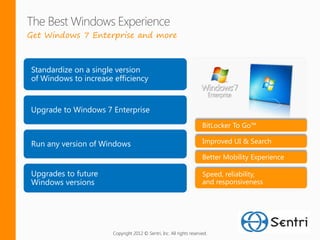 Get Windows 7 Enterprise and more



Standardize on a single version
of Windows to increase efficiency


Upgrade to Windows 7 Enterprise
                                                                      BitLocker To Go™

Run any version of Windows                                            Improved UI & Search

                                                                      Better Mobility Experience

Upgrades to future                                                    Speed, reliability,
Windows versions                                                      and responsiveness




                       Copyright 2012 © Sentri, Inc. All rights reserved.
 