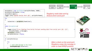 Raspberry
Raspberry reads data sent by
Arduino from serial port
After a check on the serial port,
Raspberry wraps the message in
order to meet AMQP protocol
Sensor Device Gateway Cloud
10010 010011
 