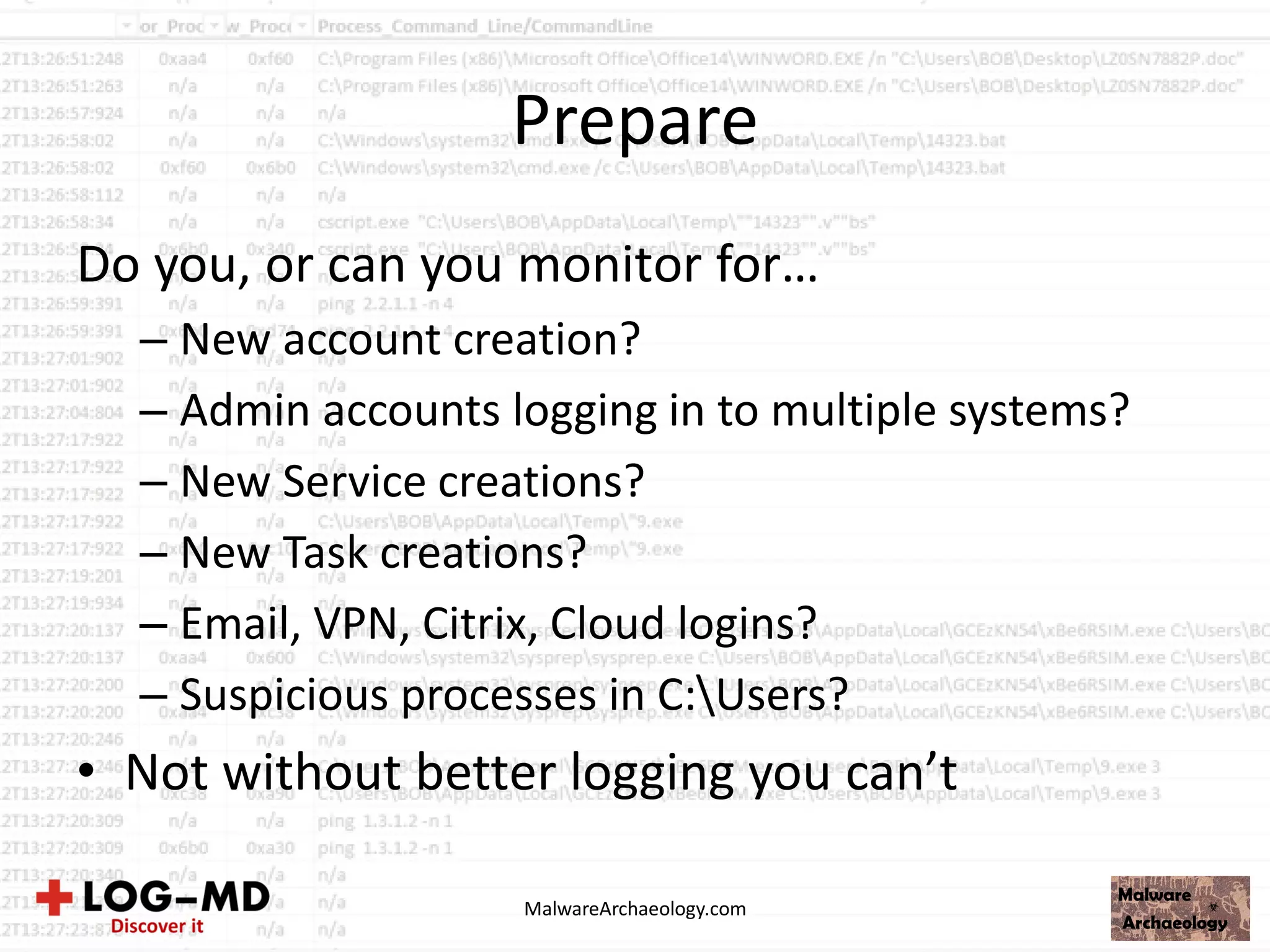 Prepare
Do you, or can you monitor for…
– New account creation?
– Admin accounts logging in to multiple systems?
– New Service creations?
– New Task creations?
– Email, VPN, Citrix, Cloud logins?
– Suspicious processes in C:Users?
• Not without better logging you can’t
MalwareArchaeology.com
 