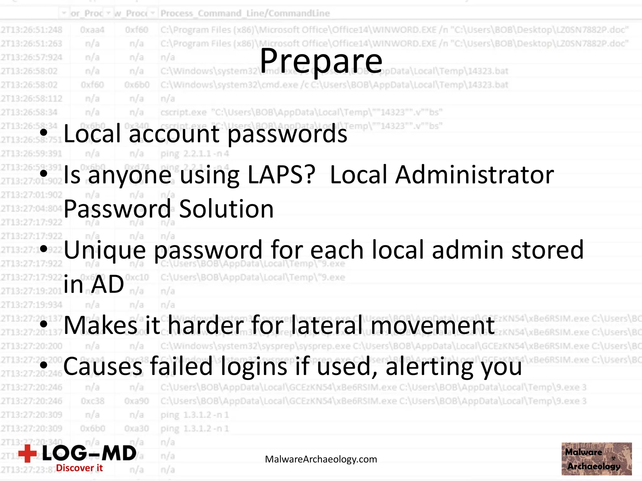 Prepare
• Local account passwords
• Is anyone using LAPS? Local Administrator
Password Solution
• Unique password for each local admin stored
in AD
• Makes it harder for lateral movement
• Causes failed logins if used, alerting you
MalwareArchaeology.com
 