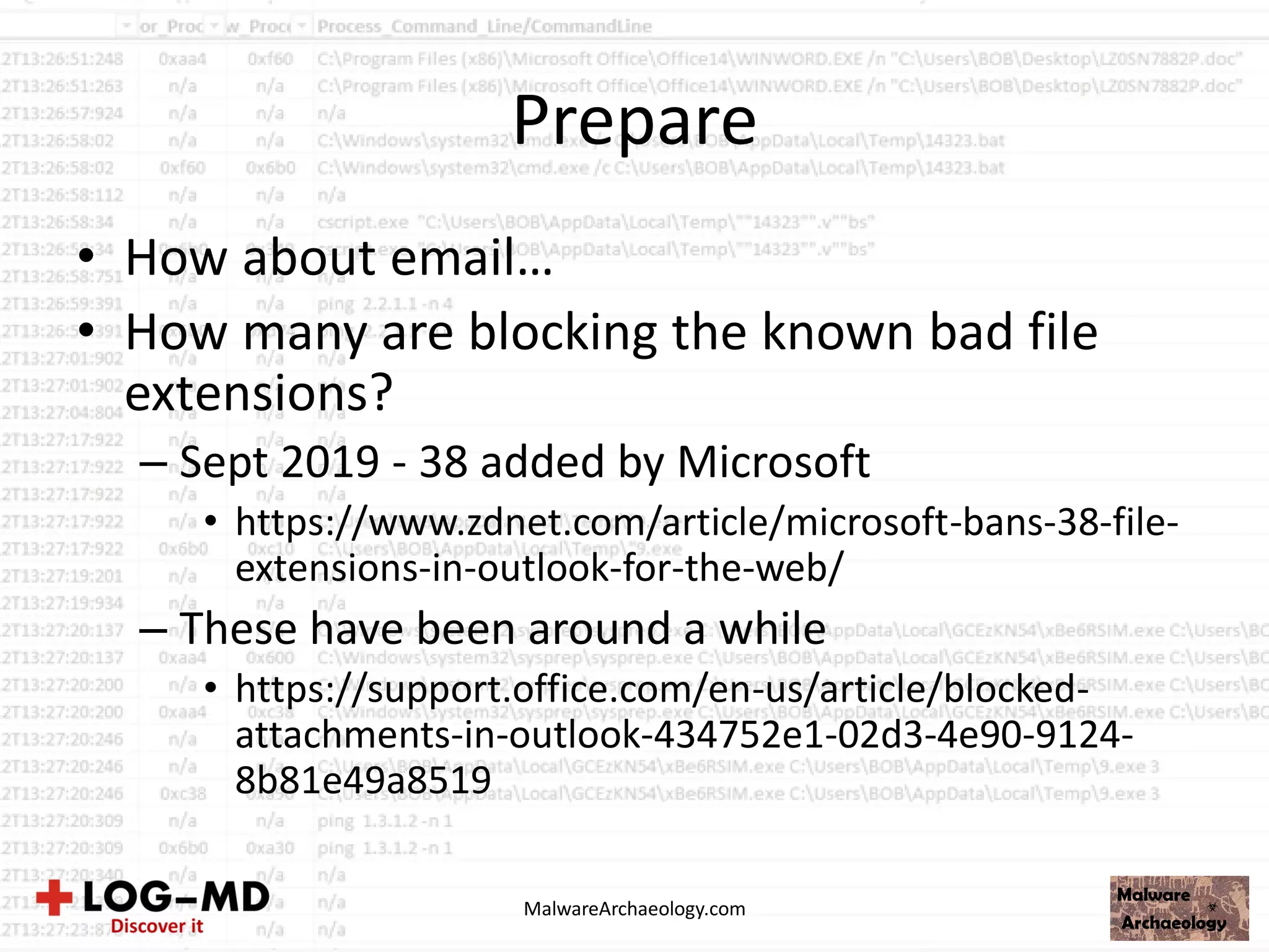 Prepare
• How about email…
• How many are blocking the known bad file
extensions?
– Sept 2019 - 38 added by Microsoft
• https://www.zdnet.com/article/microsoft-bans-38-file-
extensions-in-outlook-for-the-web/
– These have been around a while
• https://support.office.com/en-us/article/blocked-
attachments-in-outlook-434752e1-02d3-4e90-9124-
8b81e49a8519
MalwareArchaeology.com
 