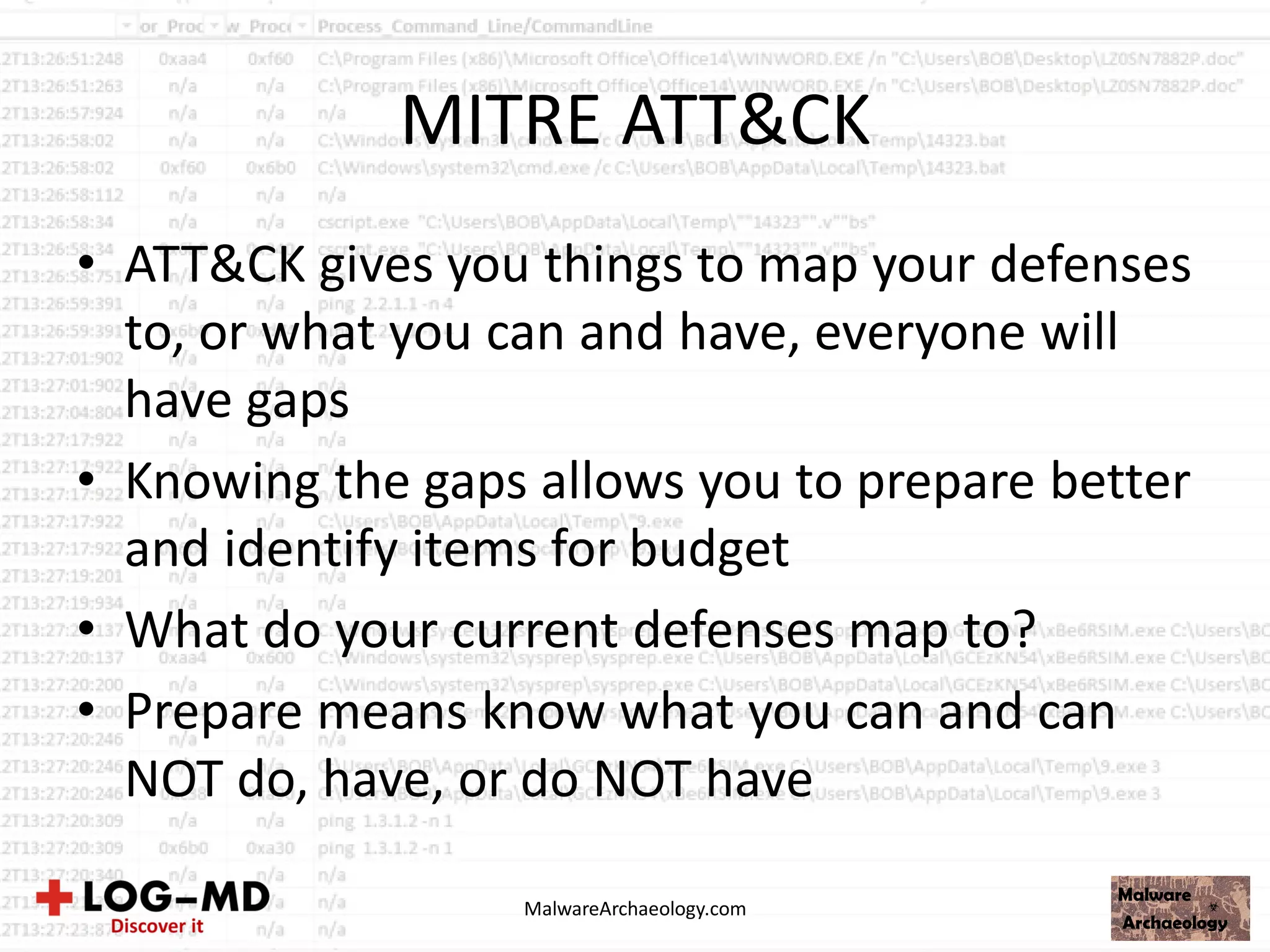MITRE ATT&CK
• ATT&CK gives you things to map your defenses
to, or what you can and have, everyone will
have gaps
• Knowing the gaps allows you to prepare better
and identify items for budget
• What do your current defenses map to?
• Prepare means know what you can and can
NOT do, have, or do NOT have
MalwareArchaeology.com
 