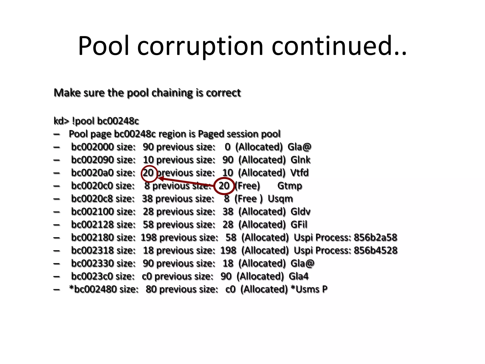 Pool corruption continued..
Make sure the pool chaining is correct

kd> !pool bc00248c
– Pool page bc00248c region is Paged session pool
– bc002000 size: 90 previous size: 0 (Allocated) Gla@
– bc002090 size: 10 previous size: 90 (Allocated) Glnk
– bc0020a0 size: 20 previous size: 10 (Allocated) Vtfd
– bc0020c0 size: 8 previous size: 20 (Free)     Gtmp
– bc0020c8 size: 38 previous size: 8 (Free ) Usqm
– bc002100 size: 28 previous size: 38 (Allocated) Gldv
– bc002128 size: 58 previous size: 28 (Allocated) GFil
– bc002180 size: 198 previous size: 58 (Allocated) Uspi Process: 856b2a58
– bc002318 size: 18 previous size: 198 (Allocated) Uspi Process: 856b4528
– bc002330 size: 90 previous size: 18 (Allocated) Gla@
– bc0023c0 size: c0 previous size: 90 (Allocated) Gla4
– *bc002480 size: 80 previous size: c0 (Allocated) *Usms P
 