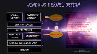 WINDOWS KERNEL DESIGN
EXECUTIVE SERVICES
KERNEL MODE
DRIVERS
INTEGRAL
SUBSYSTEMS
OBJECT MANAGER
HARDWARE ABSTRACTION LAYER
ENVIRONMENT
VARIABLES USER MODE
KERNEL MODE
HARDWARE
Windows is a preemptive
multitasking operating system.
It supports NTFS as its base
filesystem.
The kernel of windows is object
oriented. It performs its job by
using a set of kernel objects
whosw attributes store the kernel
data and methods performs the
kernel activities.
It has a asynchronous I/O model.
It consists up of two types of
software interrupts- asynchronous
procedure calls and deferred
procedure calls.
MICROKERNELS
DESIGNED BY
ABHISHEK PANDA(16MCC1008)
 