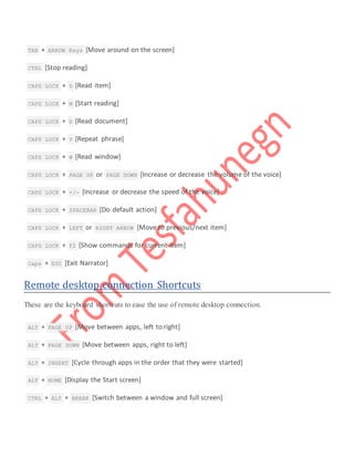  TAB + ARROW Keys [Move around on the screen]
 CTRL [Stop reading]
 CAPS LOCK + D [Read item]
 CAPS LOCK + M [Start reading]
 CAPS LOCK + H [Read document]
 CAPS LOCK + V [Repeat phrase]
 CAPS LOCK + W [Read window]
 CAPS LOCK + PAGE UP or PAGE DOWN [Increase or decrease the volume of the voice]
 CAPS LOCK + +/- [Increase or decrease the speed of the voice]
 CAPS LOCK + SPACEBAR [Do default action]
 CAPS LOCK + LEFT or RIGHT ARROW [Move to previous/next item]
 CAPS LOCK + F2 [Show commands for current item]
 Caps + ESC [Exit Narrator]
Remote desktop connection Shortcuts
These are the keyboard shortcuts to ease the use of remote desktop connection.
 ALT + PAGE UP [Move between apps, left to right]
 ALT + PAGE DOWN [Move between apps, right to left]
 ALT + INSERT [Cycle through apps in the order that they were started]
 ALT + HOME [Display the Start screen]
 CTRL + ALT + BREAK [Switch between a window and full screen]
 