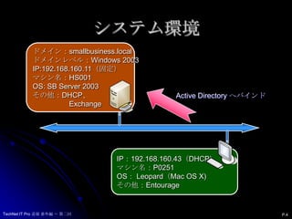 システム環境ドメイン：smallbusiness.localドメインレベル：Windows 2003IP:192.168.160.11（固定）マシン名：HS001OS: SB Server 2003その他：DHCP、　　　　　ExchangeActive Directory へバインドIP：192.168.160.43（DHCP)マシン名：P0251OS： Leopard（Mac OS X)その他：EntourageP.4TechNet IT Pro 道場 番外編 ～ 第二回