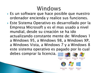  Es un software que hace posible que nuestro
ordenador encienda y realice sus funciones.
 Este Sistema Operativo es desarrollado por la
Empresa Microsoft y es el mas usado a nivel
mundial, desde su creación se ha ido
actualizando constante mente de: Windows 1
a Windows 95, a Windows 98, a Windows XP,
a Windows Vista, a Windows 7 y a Windows 8
este sistema operativo es pagado por lo cual
debes comprar la licencia.
 