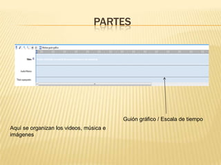 PARTES




                                         Guión gráfico / Escala de tiempo
Aquí se organizan los videos, música e
imágenes
 