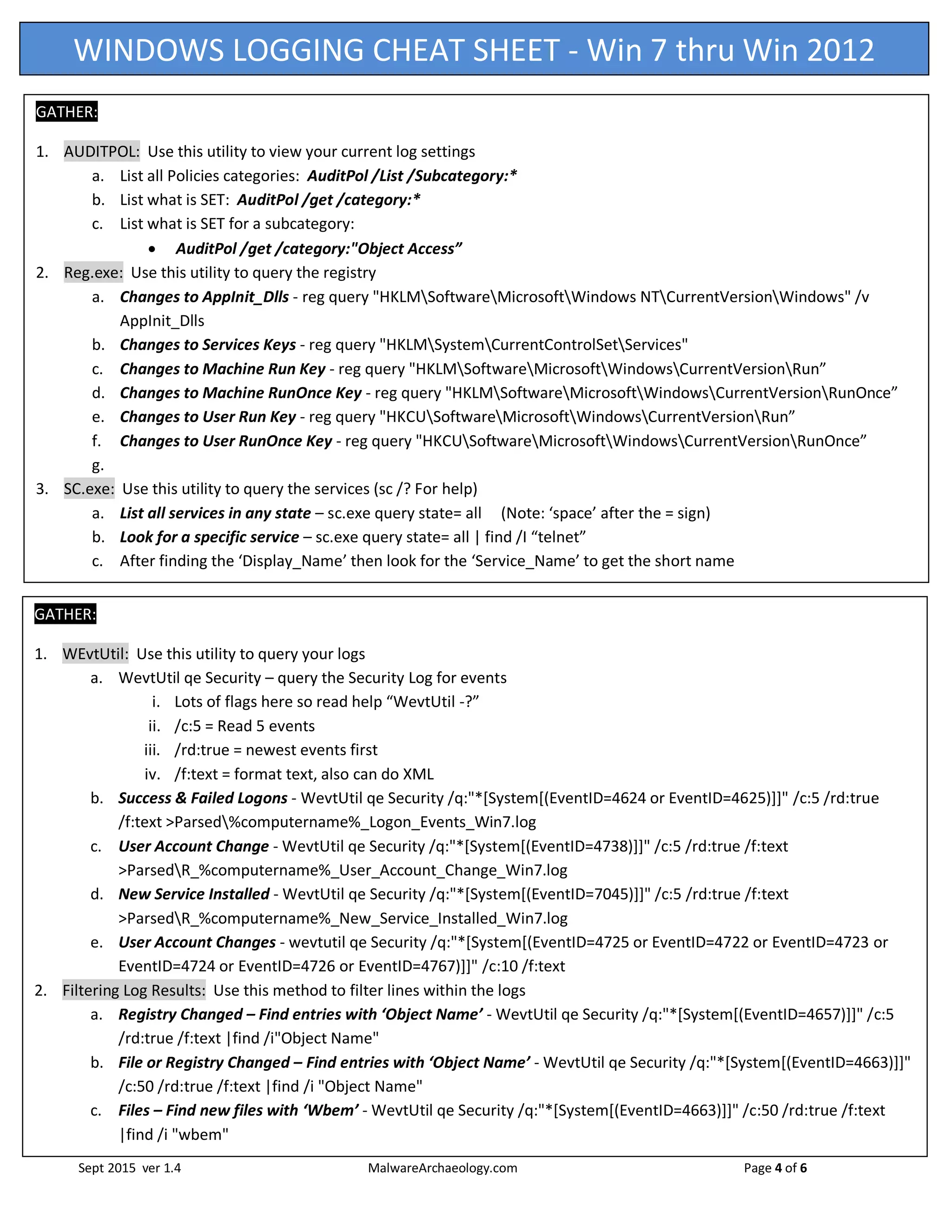 Windows Logging Cheat Sheet ver Jan 2016 - MalwareArchaeology | PDF