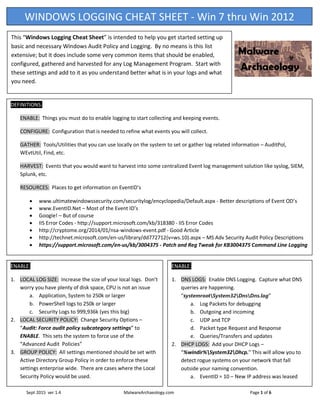 Jan 2016 ver 2.0 MalwareArchaeology.com Page 1 of 6
WINDOWS LOGGING CHEAT SHEET - Win 7 thru Win 2012
ENABLE::
1. LOCAL LOG SIZE: Increase the size of your local logs. Don’t
worry you have plenty of disk space, CPU is not an issue
a. Application, System to 250k or larger
b. PowerShell logs to 250k or larger
c. Security Logs to 999,936k (yes this big)
2. LOCAL SECURITY POLICY: Change Security Options –
“Audit: Force audit policy subcategory settings” to
ENABLE. This sets the system to force use of the
“Advanced Audit Policies”
3. GROUP POLICY: All settings mentioned should be set with
Active Directory Group Policy in order to enforce these
settings enterprise wide. There are cases where the Local
Security Policy would be used.
ENABLE::
1. DNS LOGS: Enable DNS Logging. Capture what DNS
queries are happening.
“systemrootSystem32DnsDns.log”
a. Log Packets for debugging
b. Outgoing and incoming
c. UDP and TCP
d. Packet type Request and Response
e. Queries/Transfers and updates
2. DHCP LOGS: Add your DHCP Logs –
“%windir%System32Dhcp.” This will allow you to
detect rogue systems on your network that fall
outside your naming convention.
a. EventID = 10 – New IP address was leased
DEFINITIONS::
ENABLE: Things you must do to enable logging to start collecting and keeping events.
CONFIGURE: Configuration that is needed to refine what events you will collect.
GATHER: Tools/Utilities that you can use locally on the system to set or gather log related information – AuditPol,
WEvtUtil, Find, etc.
HARVEST: Events that you would want to harvest into some centralized Event log management solution like syslog, SIEM,
Splunk, etc.
RESOURCES: Places to get more information
 MalwareArchaeology.com/cheat-sheets for more Windows cheat sheets
 Log-MD.com – The Log Malicious Discovery tool reads security related log events and settings. Use Log-MD to audit
your log settings compared to the “Windows Logging Cheat Sheet” and Center for Internet Security (CIS) Benchmarks.
It is a standalone tool to help those with and without a log management solution find malicious activity.
 www.ultimatewindowssecurity.com/securitylog/encyclopedia/Default.aspx - Better descriptions of Event OD’s
 www.EventID.Net – Most of the Event ID’s
 IIS Error Codes - http://support.microsoft.com/kb/318380 - IIS Error Codes
 http://cryptome.org/2014/01/nsa-windows-event.pdf - Good Article
 http://technet.microsoft.com/en-us/library/dd772712(v=ws.10).aspx – MS Adv Security Audit Policy Descriptions
 Google! – But of course
This “Windows Logging Cheat Sheet” is intended to help you get started setting up
basic and necessary Windows Audit Policy and Logging. By no means is this list
extensive; but it does include some very common items that should be enabled,
configured, gathered and harvested for any Log Management Program. Start with
these settings and add to it as you understand better what is in your logs and what
you need.
 