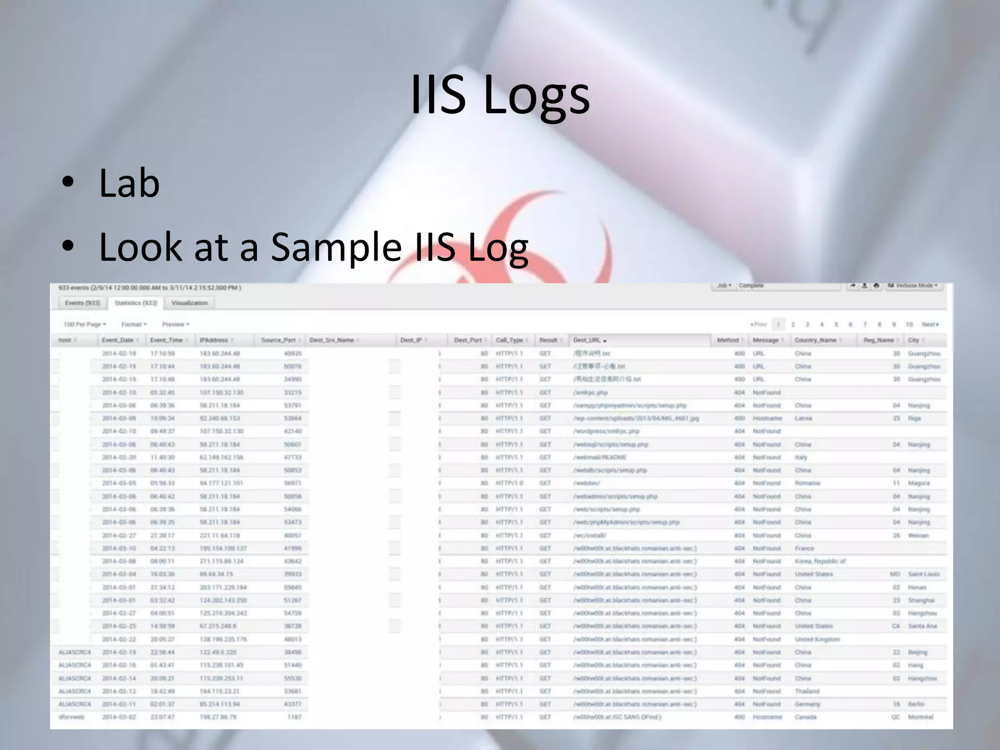 IIS Logs
• Lab
• Look at a Sample IIS Log
 