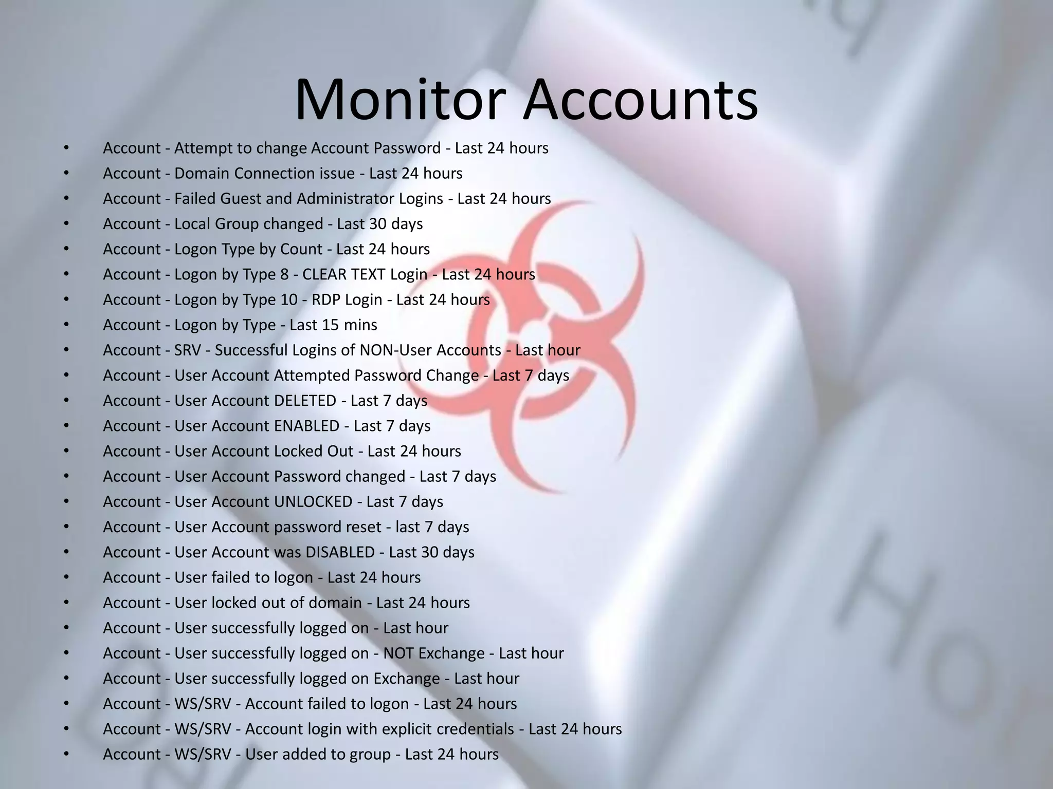 Monitor Accounts
• Account - Attempt to change Account Password - Last 24 hours
• Account - Domain Connection issue - Last 24 hours
• Account - Failed Guest and Administrator Logins - Last 24 hours
• Account - Local Group changed - Last 30 days
• Account - Logon Type by Count - Last 24 hours
• Account - Logon by Type 8 - CLEAR TEXT Login - Last 24 hours
• Account - Logon by Type 10 - RDP Login - Last 24 hours
• Account - Logon by Type - Last 15 mins
• Account - SRV - Successful Logins of NON-User Accounts - Last hour
• Account - User Account Attempted Password Change - Last 7 days
• Account - User Account DELETED - Last 7 days
• Account - User Account ENABLED - Last 7 days
• Account - User Account Locked Out - Last 24 hours
• Account - User Account Password changed - Last 7 days
• Account - User Account UNLOCKED - Last 7 days
• Account - User Account password reset - last 7 days
• Account - User Account was DISABLED - Last 30 days
• Account - User failed to logon - Last 24 hours
• Account - User locked out of domain - Last 24 hours
• Account - User successfully logged on - Last hour
• Account - User successfully logged on - NOT Exchange - Last hour
• Account - User successfully logged on Exchange - Last hour
• Account - WS/SRV - Account failed to logon - Last 24 hours
• Account - WS/SRV - Account login with explicit credentials - Last 24 hours
• Account - WS/SRV - User added to group - Last 24 hours
 