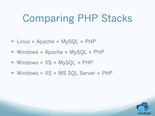Comparing PHP Stacks

—  Linux + Apache + MySQL + PHP
—  Windows + Apache + MySQL + PHP
—  Windows + IIS + MySQL + PHP
—  Windows + IIS + MS SQL Server + PHP
 