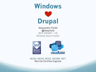 Windows

      Drupal
      Alessandro Pilotti
         @alexpilotti
      MVP ASP .NET / IIS
     Windows Azure Insider




MCSD, MCAD, MCSE, MCDBA, MCT
   Red Hat Certified Engineer
 