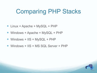 Comparing PHP Stacks

 Linux + Apache + MySQL + PHP
 Windows + Apache + MySQL + PHP
 Windows + IIS + MySQL + PHP
 Windows + IIS + MS SQL Server + PHP
 